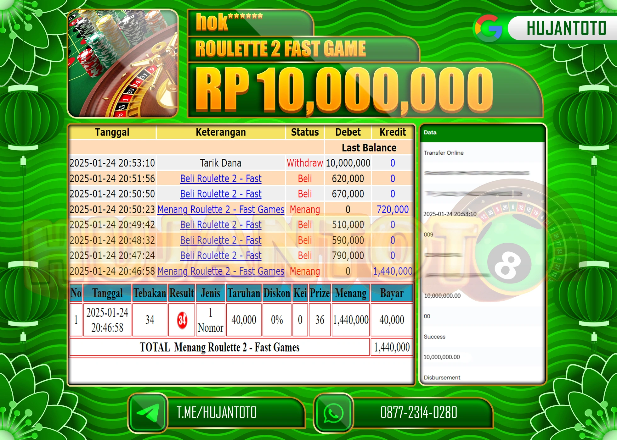 HUJANTOTO - BUKTI JACKPOT DI PERMAINAN  RAULETTE 2 FAST GAME Rp,10,000,000 - TERBAYAR LUNAS