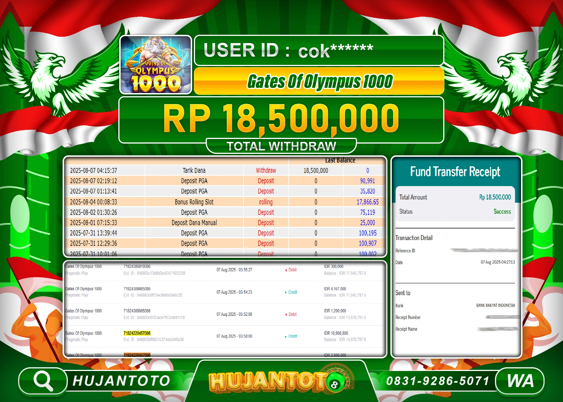 HUJANTOTO - BUKTI JACKPOT MENANG SLOT GATES OF OLYMPUS 1000 Rp.18,500,000 - TERBAYAR LUNAS