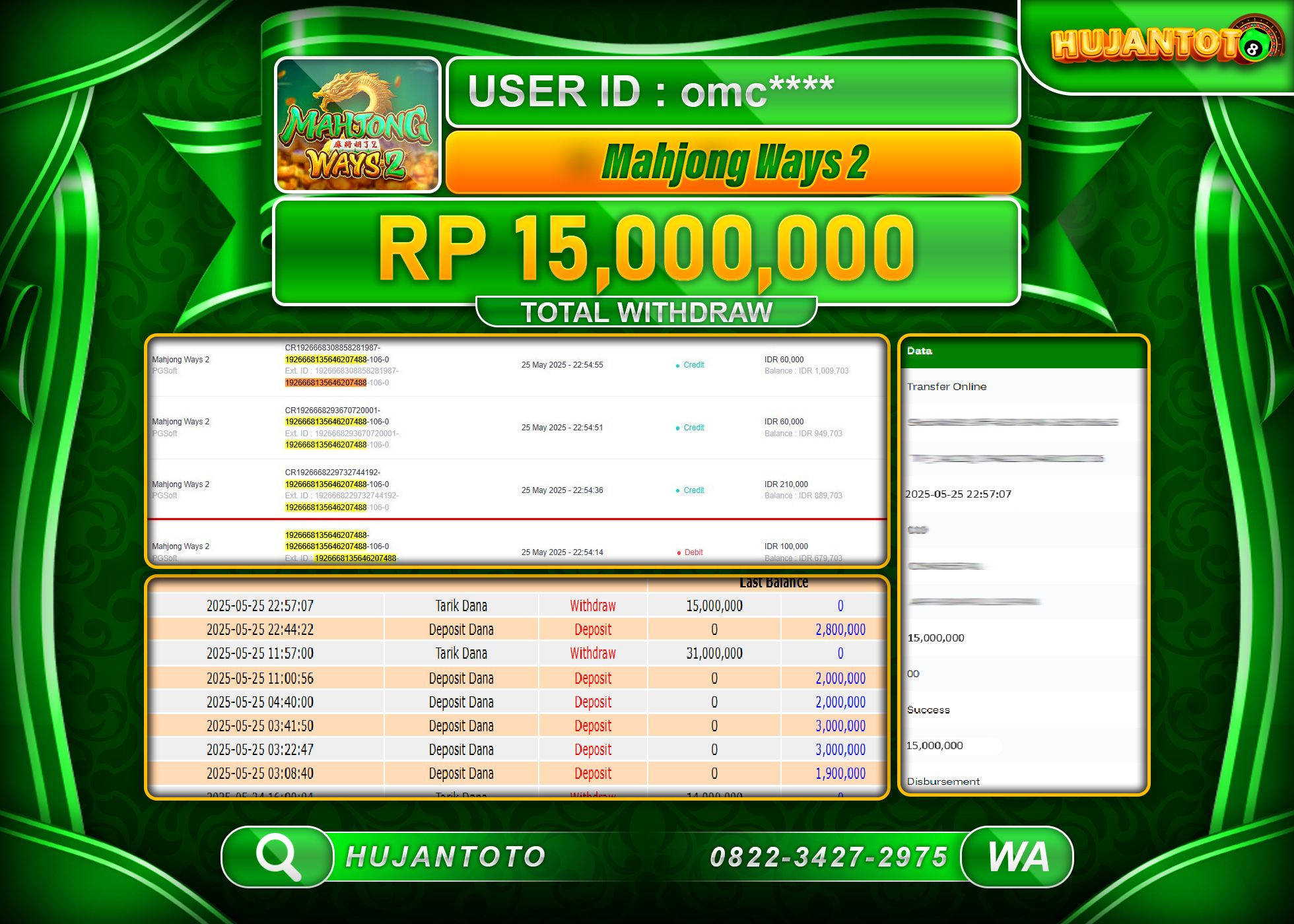 HUJANTOTO - BUKTI JACKPOT MENANG SLOT MAHJONG WAYS 2 Rp.15,000,000 - TERBAYAR LUNAS