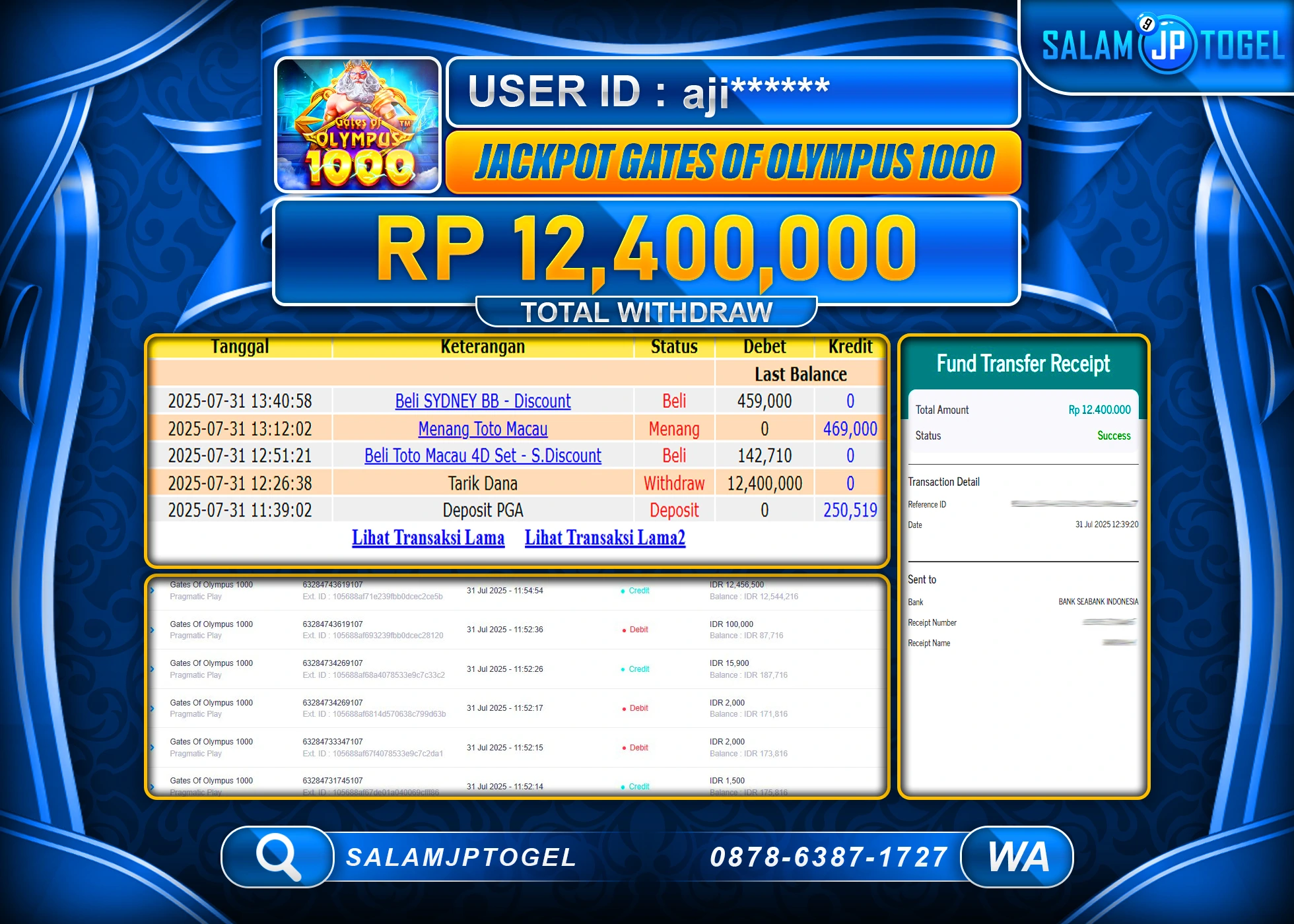 SALAMJPTOGEL MENANG GATES OF OLYMPUS 1000  Rp.12,400,000