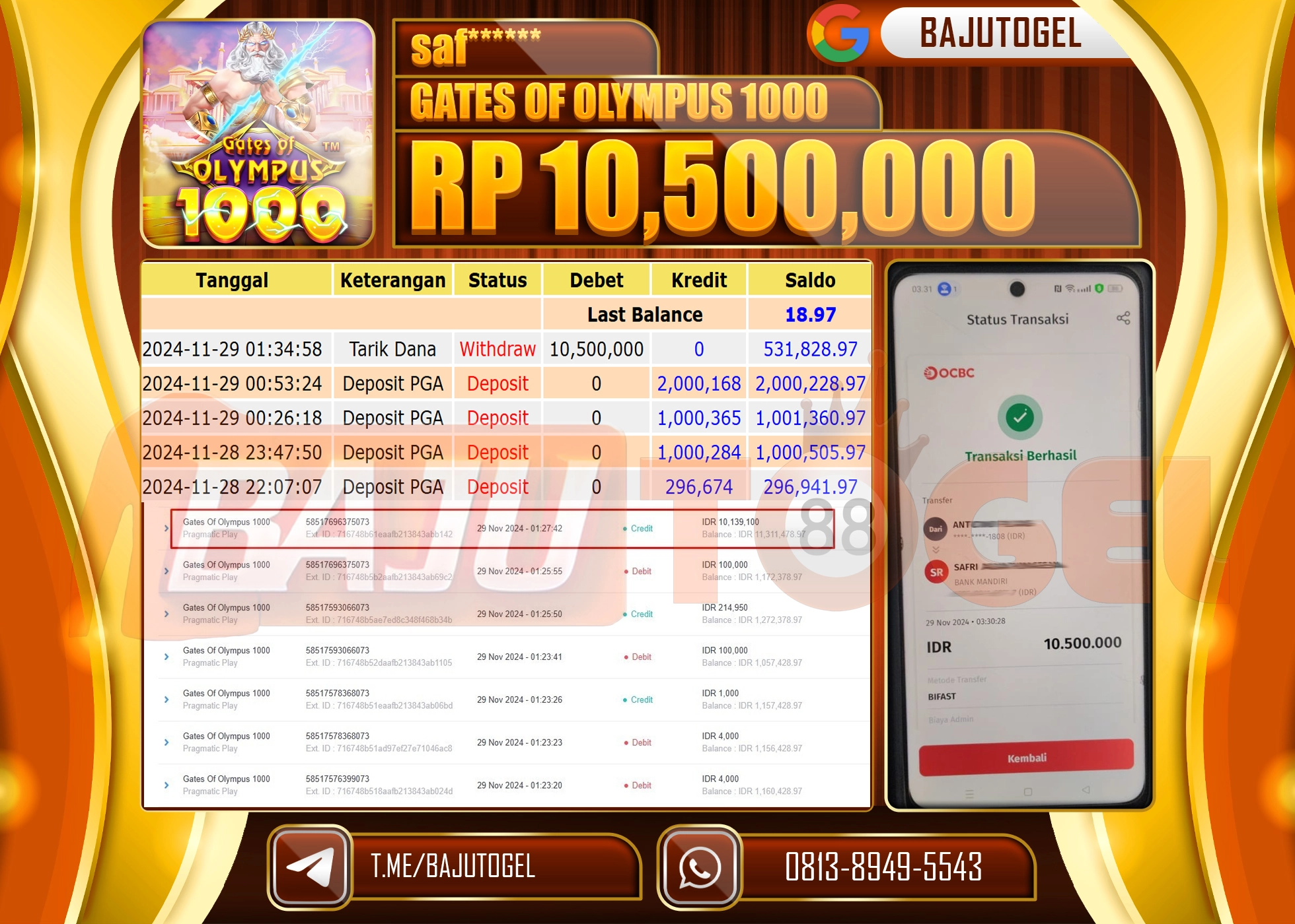 BAJUTOGEL JACKPOT GATES OF OLYMPUS 1000 Rp.10.500.000 LUNAS