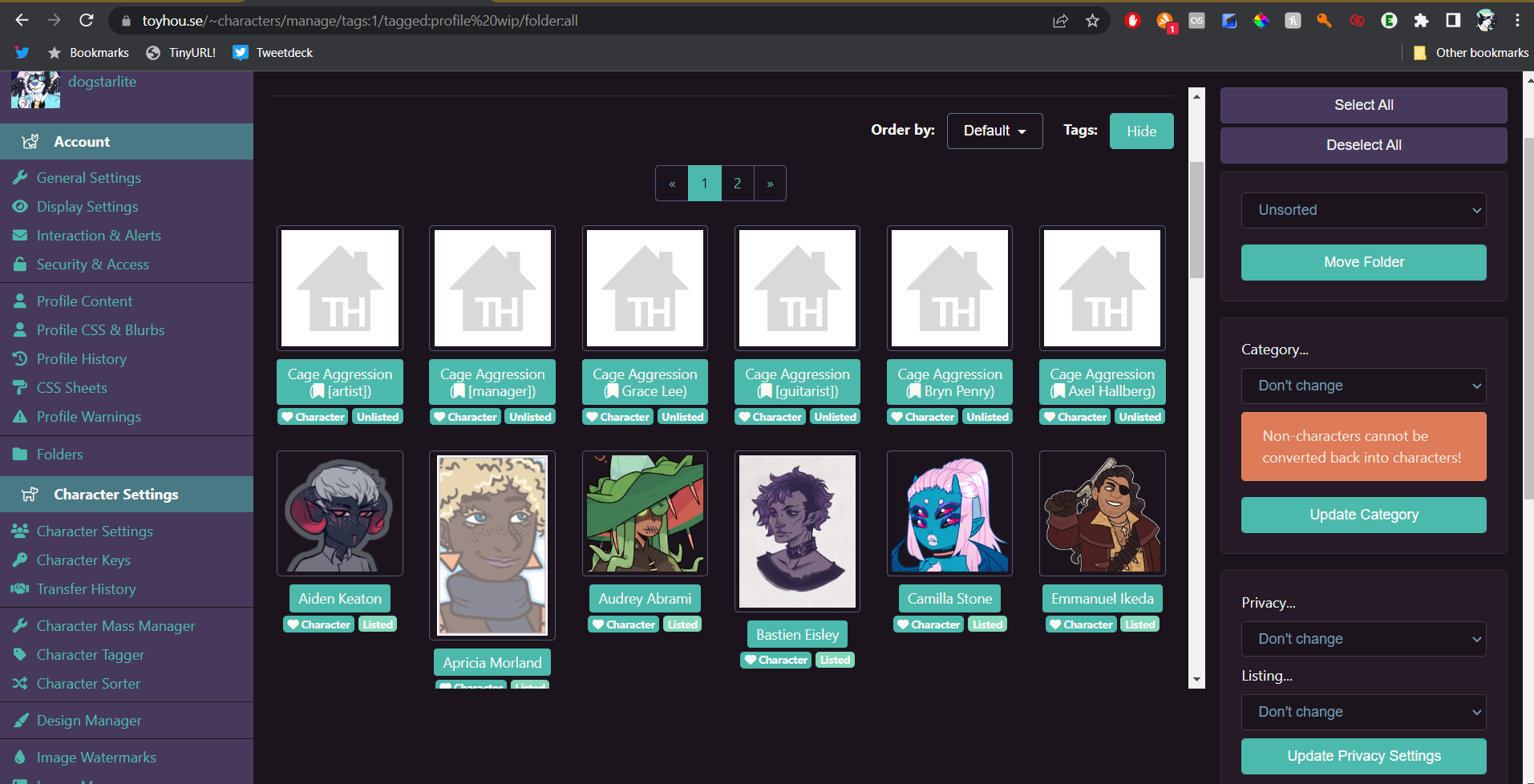 How to hide characters with certain tags? on Toyhouse