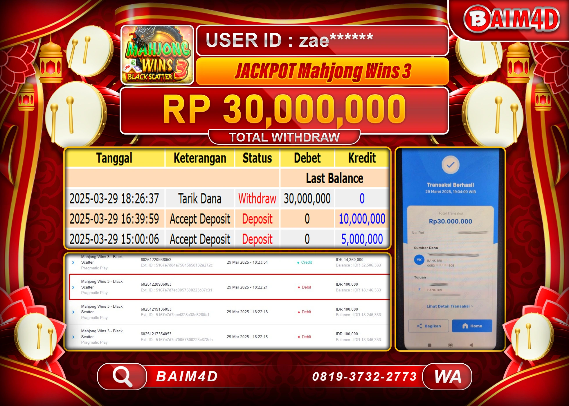 BAIM4D  MENANG JACKPOT MAJONG WINS 3  1000 Rp.30.000,000.- LUNAS