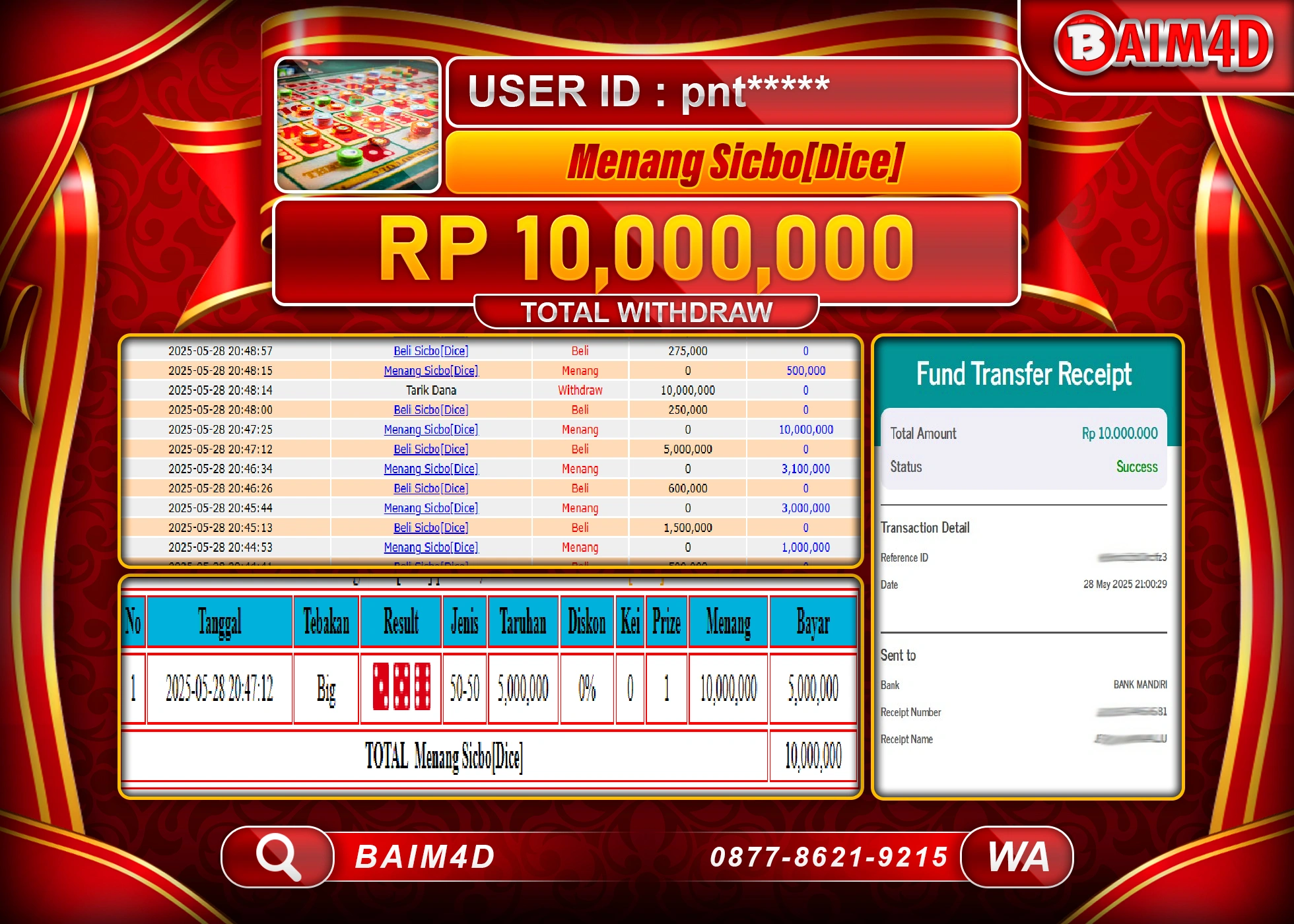 BAIM4D MENANG JACKPOT LIVE GAME SICBO DICE Rp10,000,000 - LUNAS