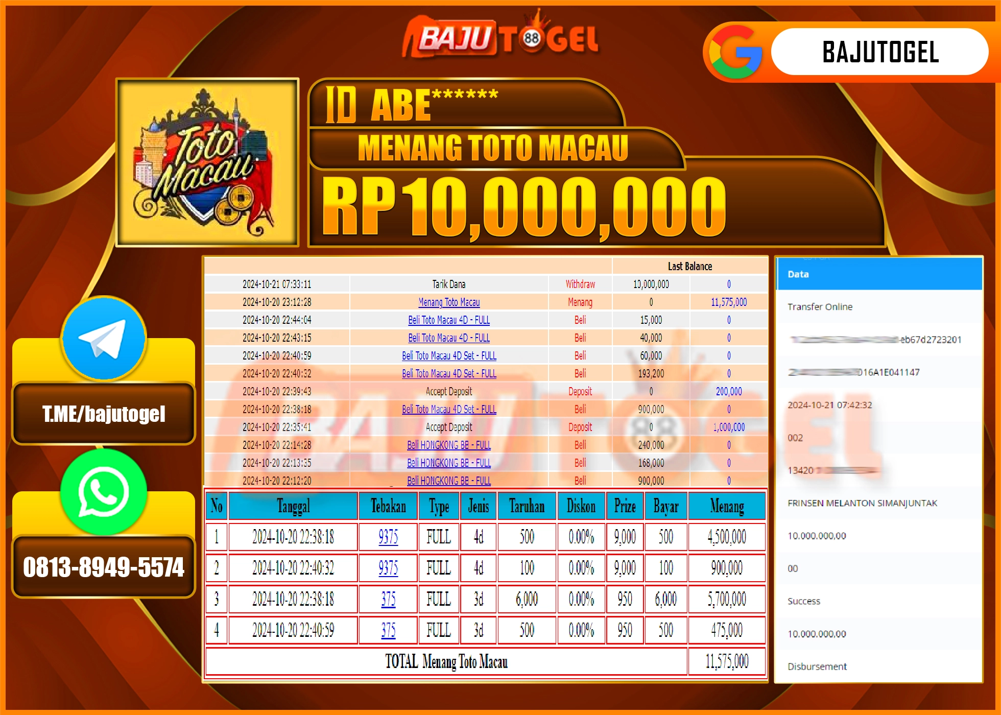BAJUTOGEL JACKPOT PASARAN TOTO MACAU Rp.10.000.000 LUNAS