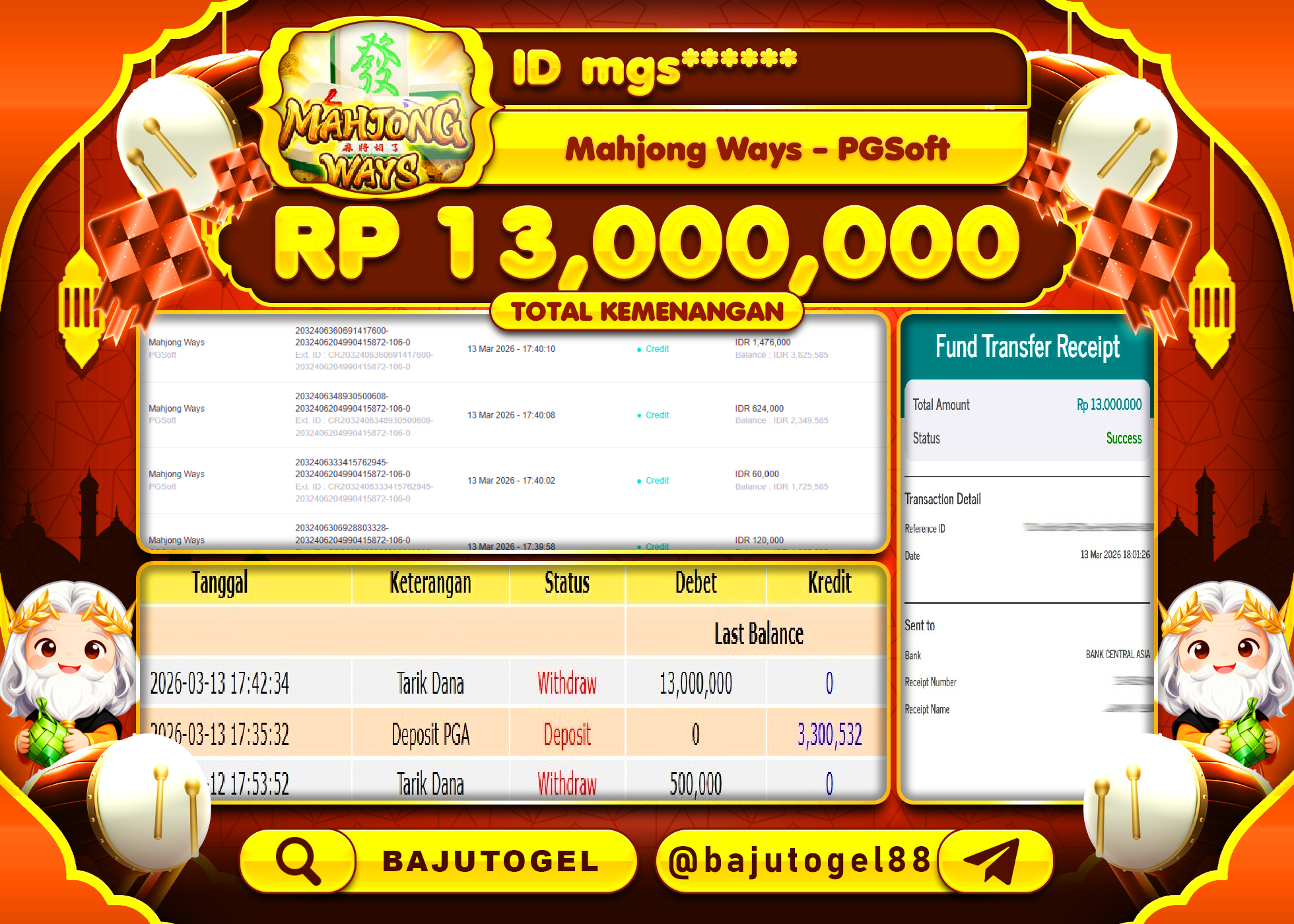BAJUTOGEL KEMENANGAN DI MAHJONG WAYS PGSOFT Rp.13,000,000 LUNAS