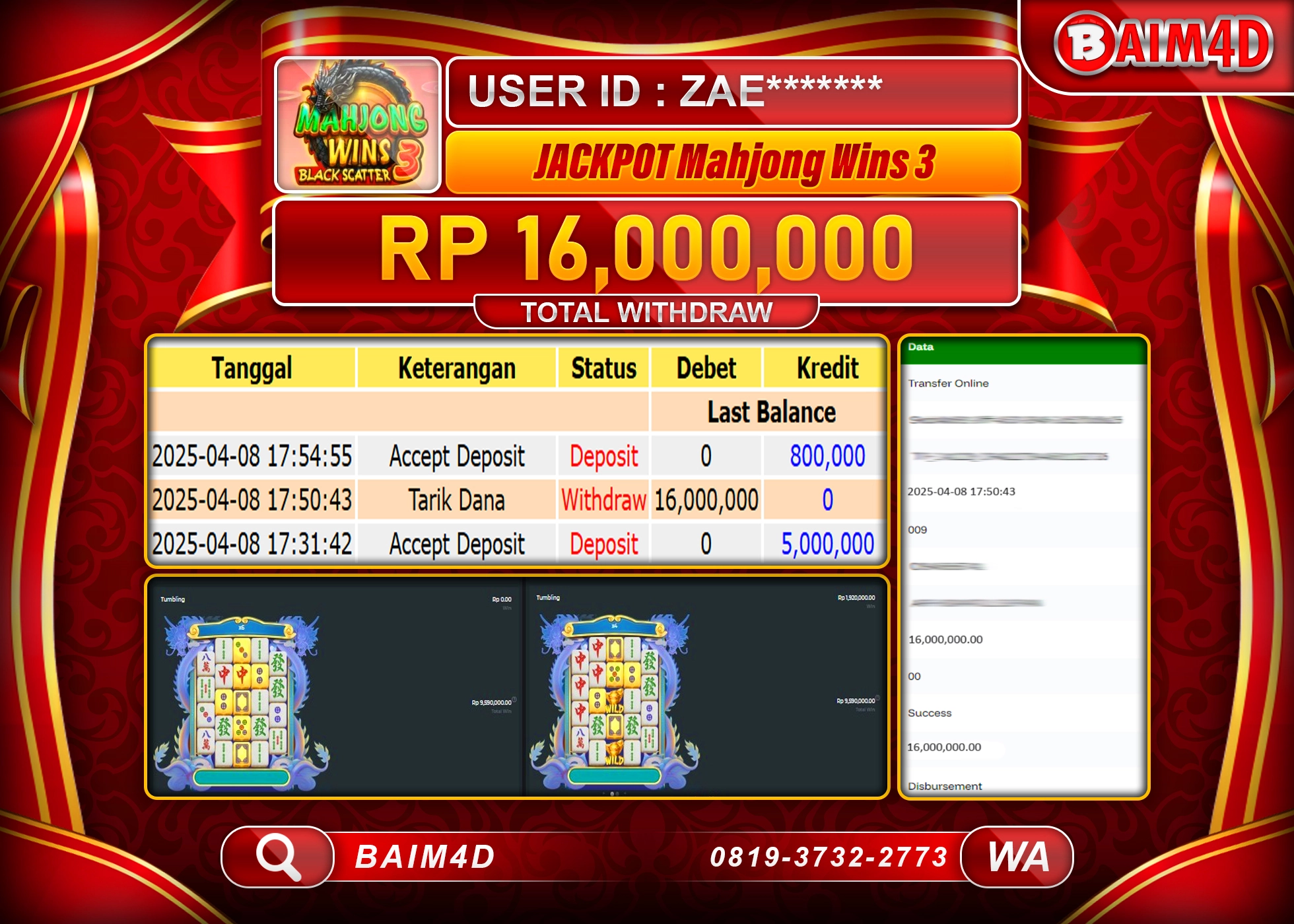 BAIM4D  MENANG SLOT  Mahjong Wins 3 Rp.16.000,000.- LUNAS