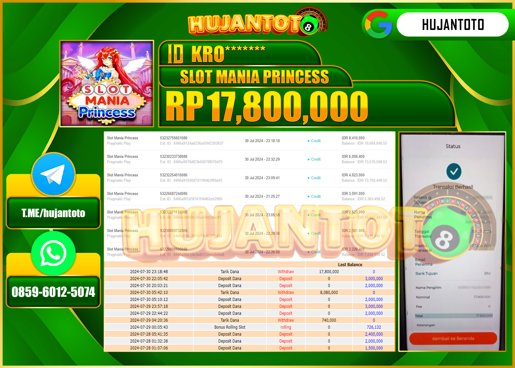 HUJANTOTO MENANG BESAR DI PERMAINAN SLOT MANIA PRINCESS 17.800.000 - LUNAS 
