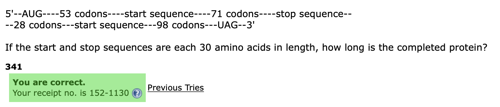 Solved 5'--AUG----53 codons--start sequence--71 | Chegg.com