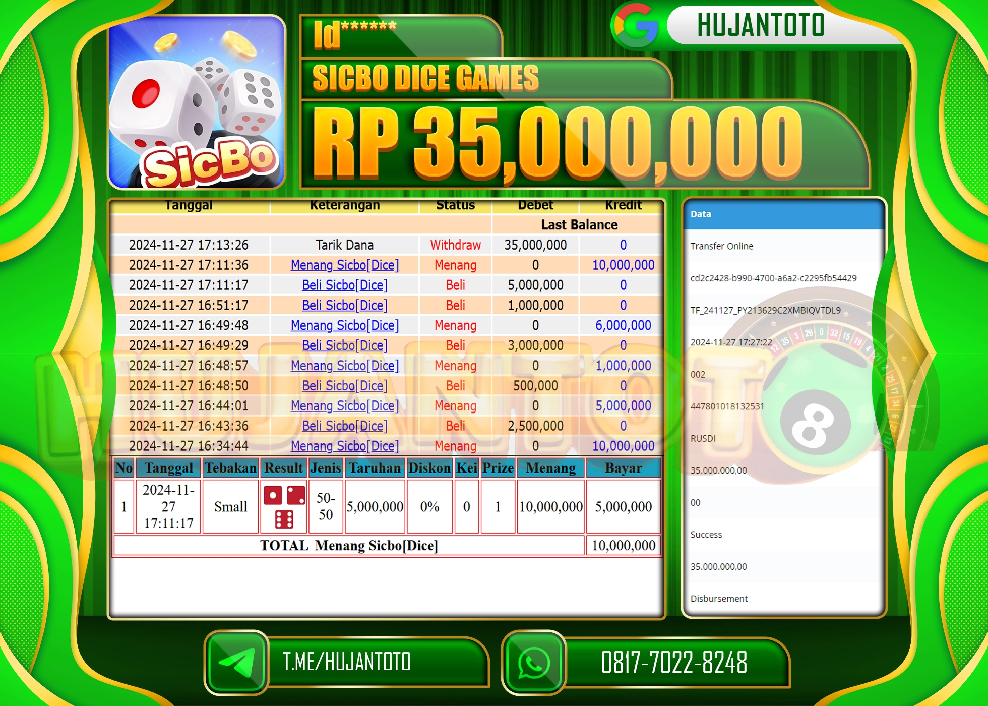 HUJANTOTO KEMENANGAN JACKPOT  BESAR DI RAIH GAME LIVEGAME SICBO DICE GAMES SEBESAR  - 35,000,000 - LUNAS