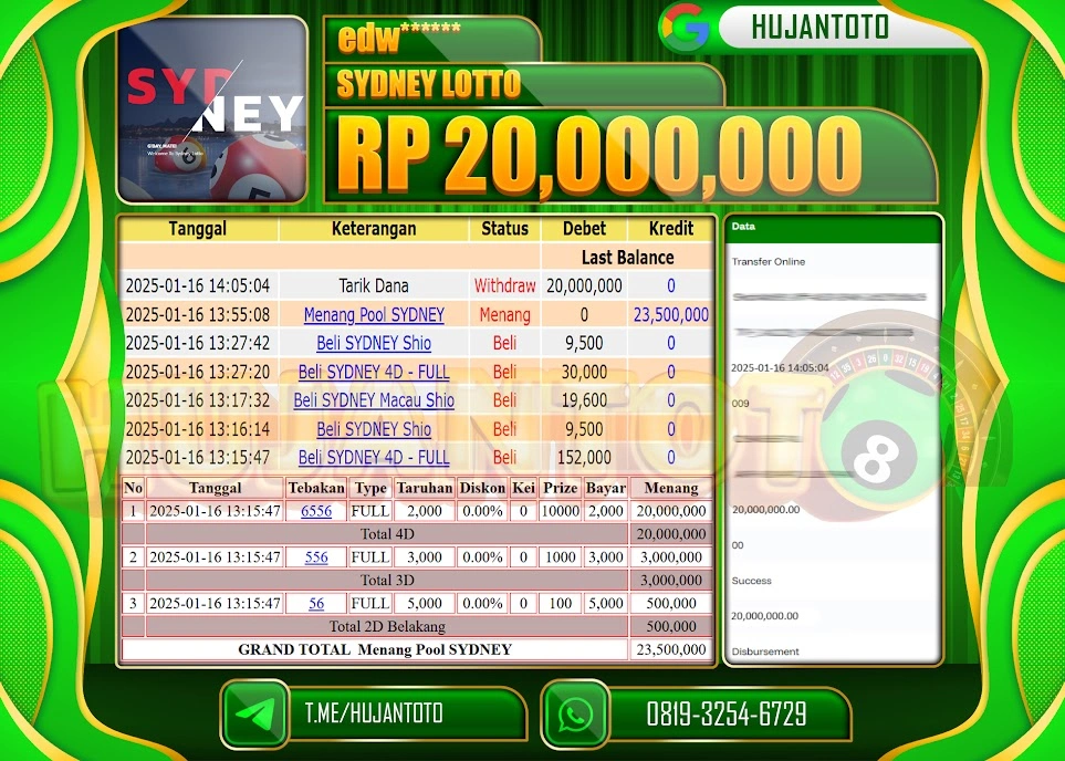 HUJANTOTO - BUKTI JACKPOT DI PERMAINAN TOGEL SYDNEY LOTTO Rp, 20,000,000 - TERBAYAR LUNAS