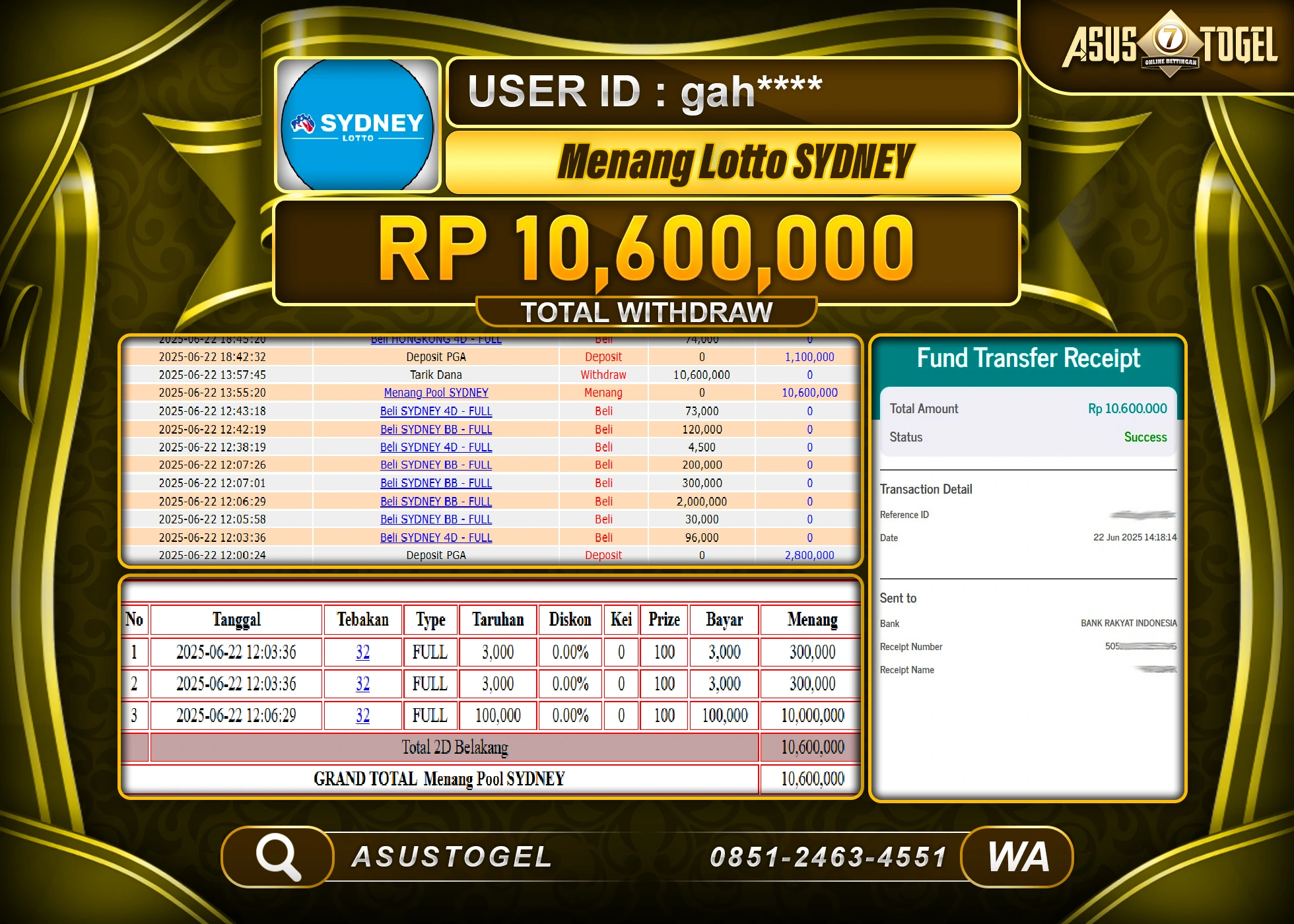 ASUSTOGEL KEMENANGAN DI TOGEL LOTTO SYDNEY SEBESAR 10,600,000- RUPIAH LUNAS