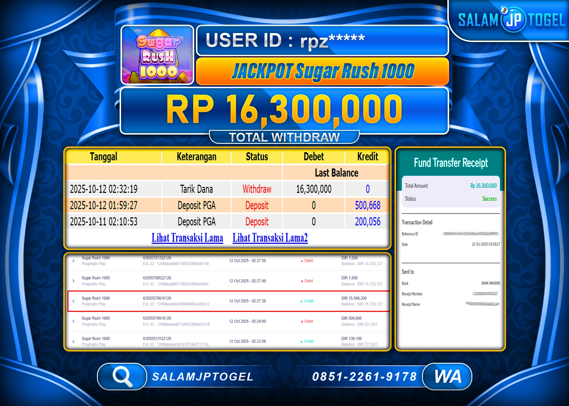 SALAMJPTOGEL MENANG SUGAR RUSH 1000 Rp.16,300,000  - LUNAS