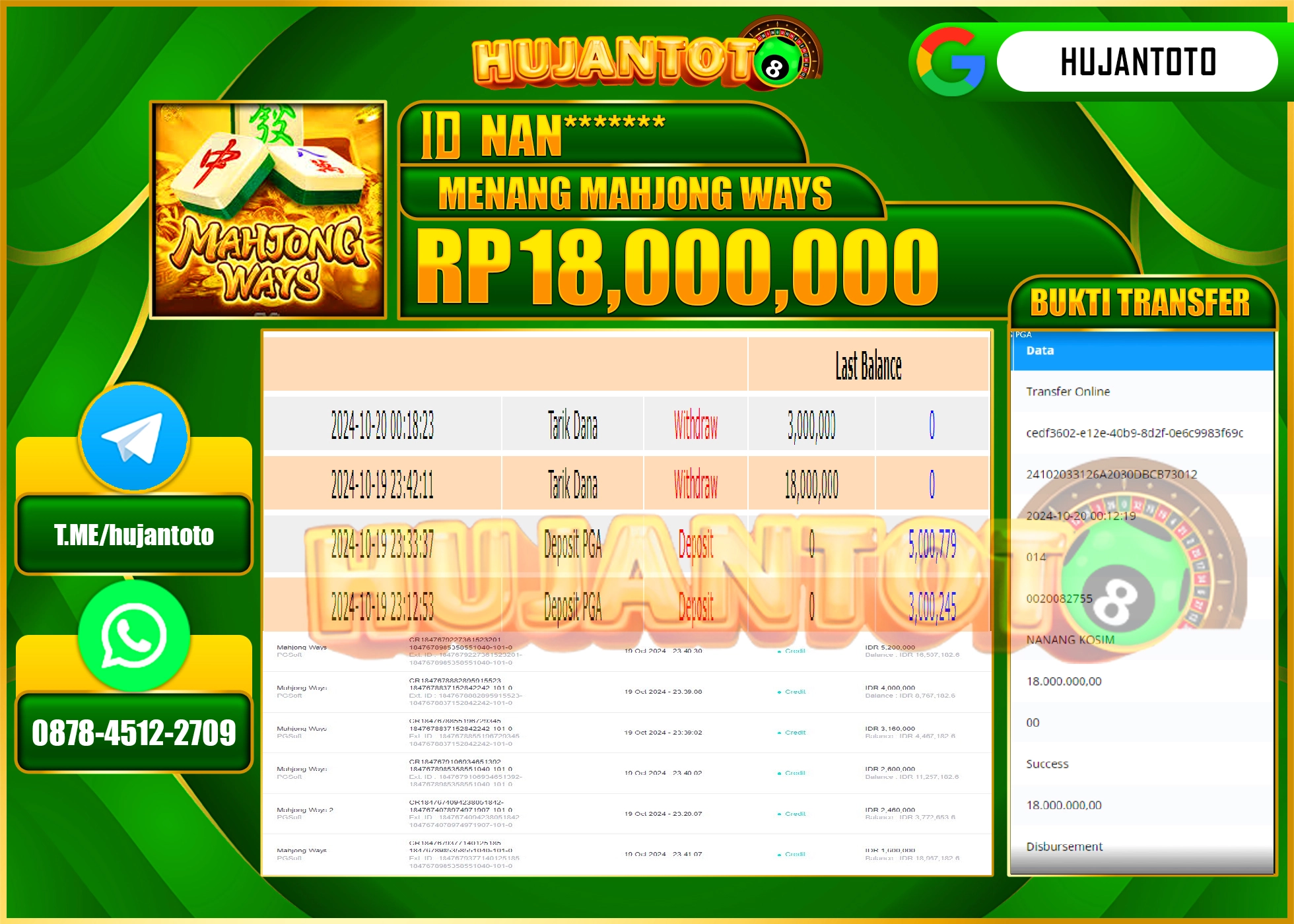 HUJANTOTO MENANG DI PERMAINAN SLOT PGSOFT MAHJONG WAYS - 18,000,000 - LUNAS