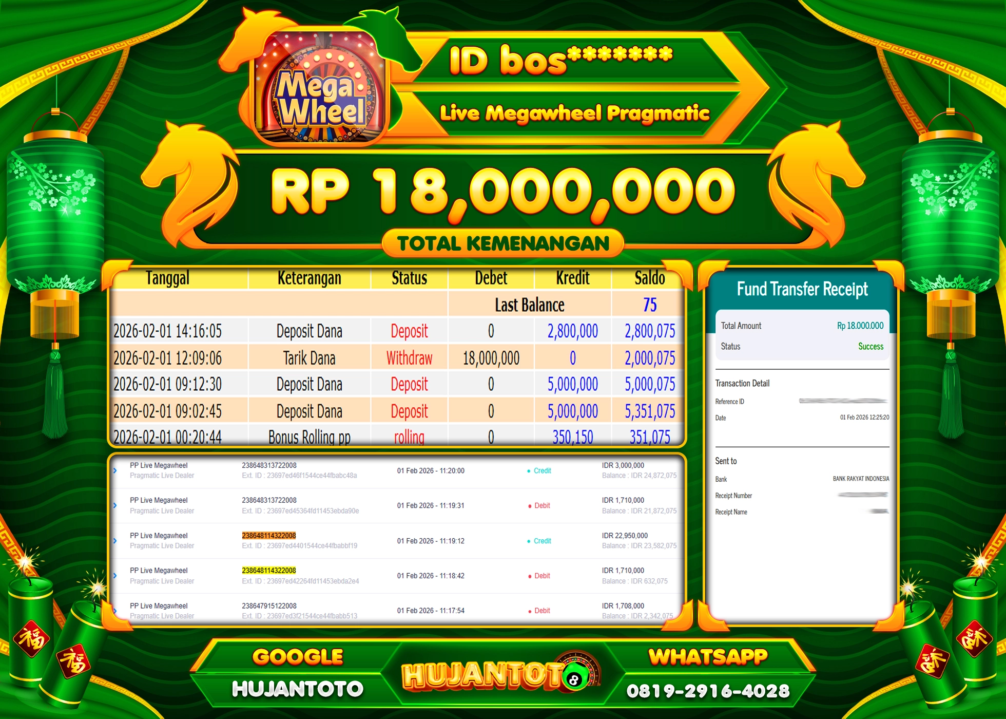 HUJANTOTO - BUKTI JACKPOT MENANG LIVEGAMES MEGAWHEEL Rp.18,000,000 - TERBAYAR LUNAS