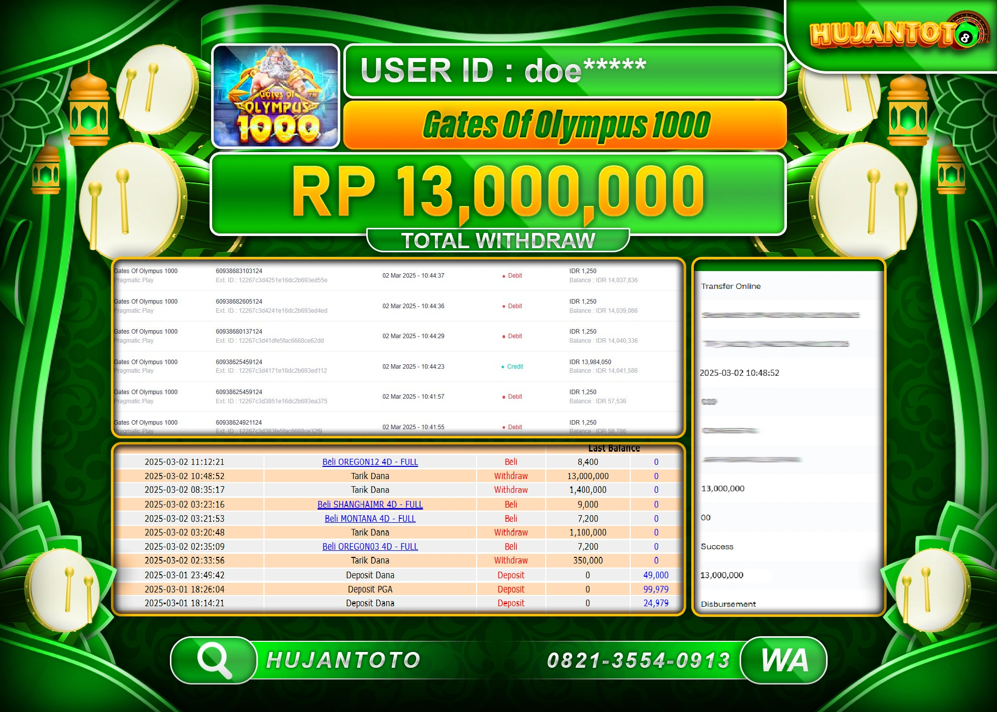 HUJANTOTO - BUKTI JACKPOT MENANG SLOT, GATES OF OLYMPUS 1000 SEBESAR, Rp,  13,000,000  -  TERBAYAR LUNAS