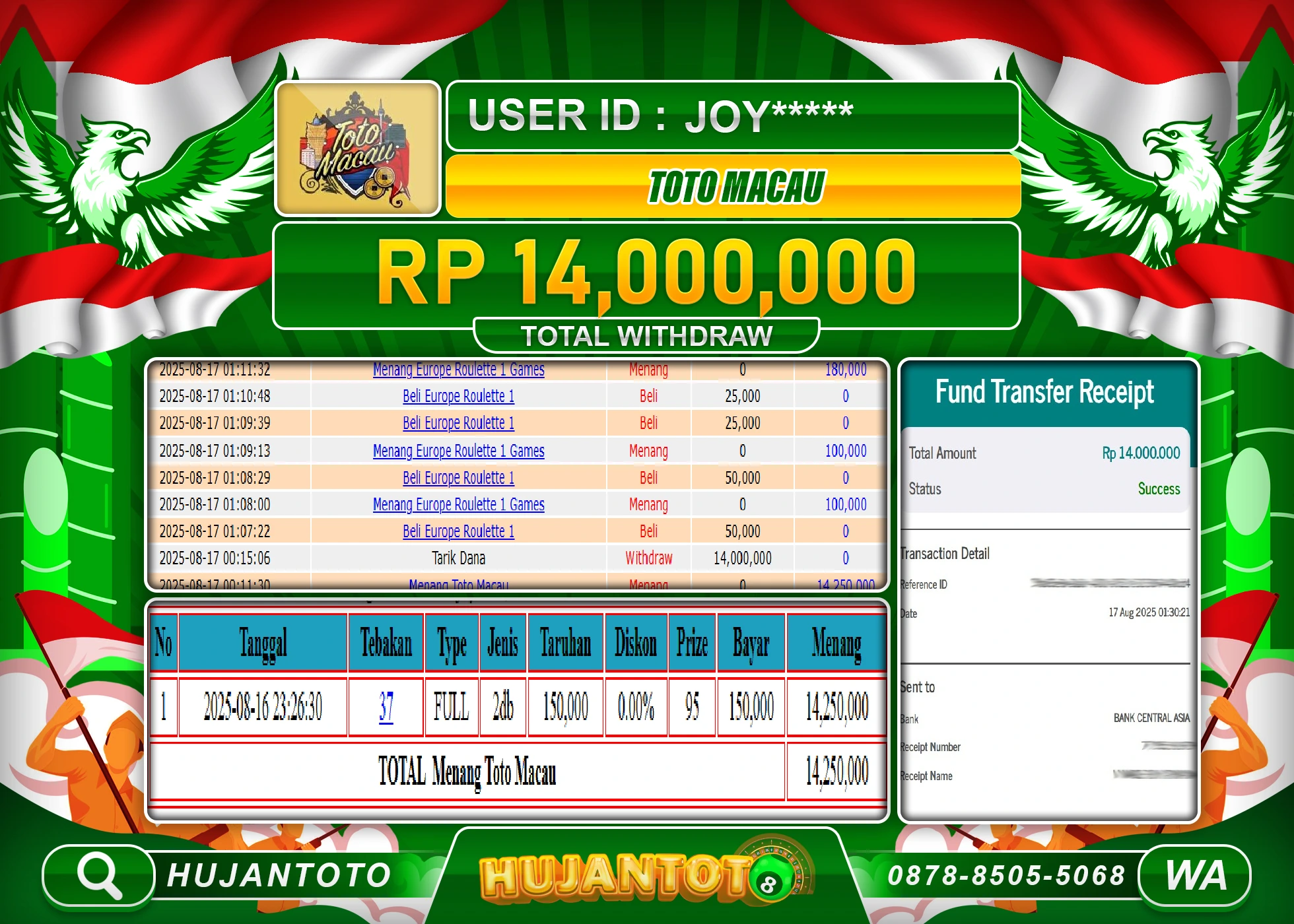 HUJANTOTO - BUKTI JACKPOT MENANG DI TOGEL TOTO MACAU Rp.14,000,000 - TERBAYAR LUNAS