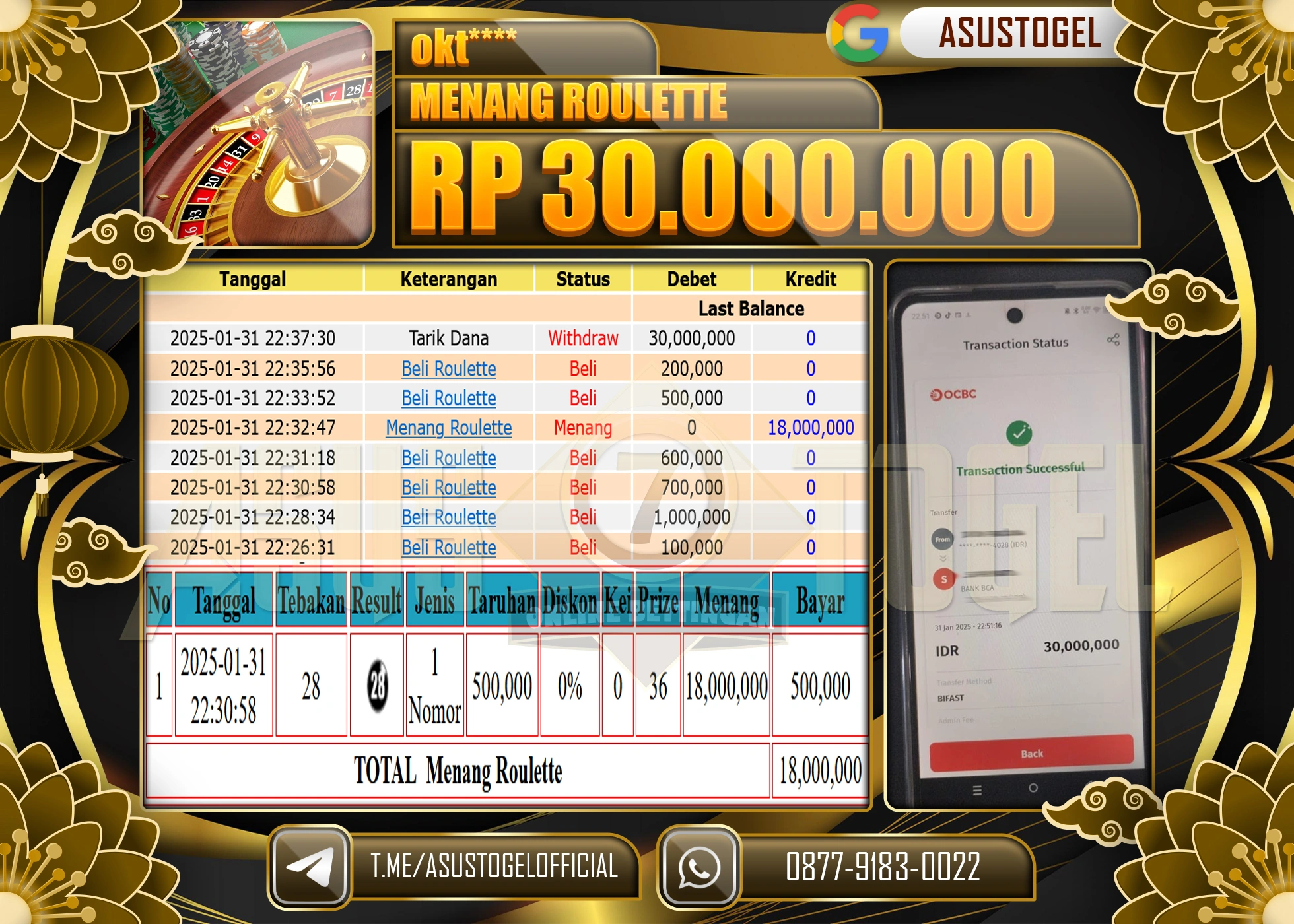 ASUSTOGEL KEMENANGAN DI ROULETTE GAMES SEBESAR 30.000.000 - RUPIAH LUNAS