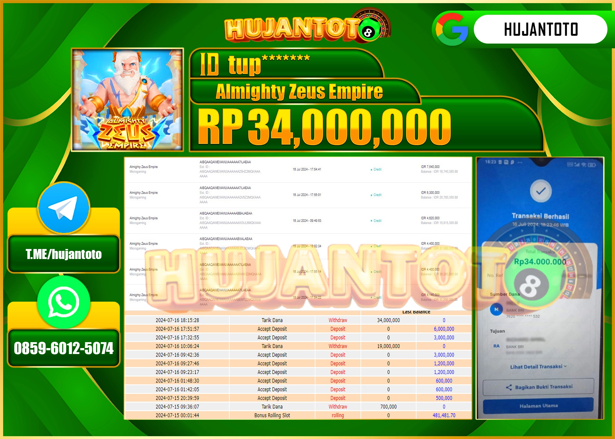HUJANTOTO MENANG SLOT ALMIGHTY ZEUS EMPIRE  34.000.000 - LUNAS 