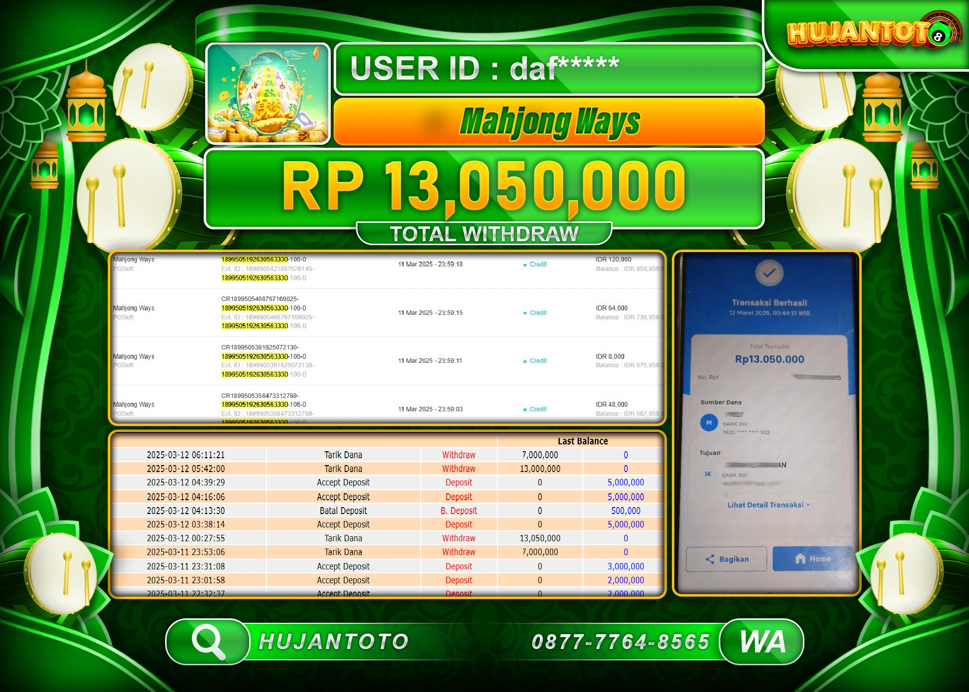 HUJANTOTO - BUKTI JACKPOT MENANG SLOT MAHJONG WAYS Rp,13,050,000 - TERBAYAR LUNAS