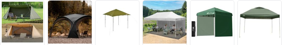 パップテント、大型のアーチ型タープ、ワンタッチタープ、サイドシート付きのイベントテントなど、6種類の異なる屋外用テントが横に並ぶ。