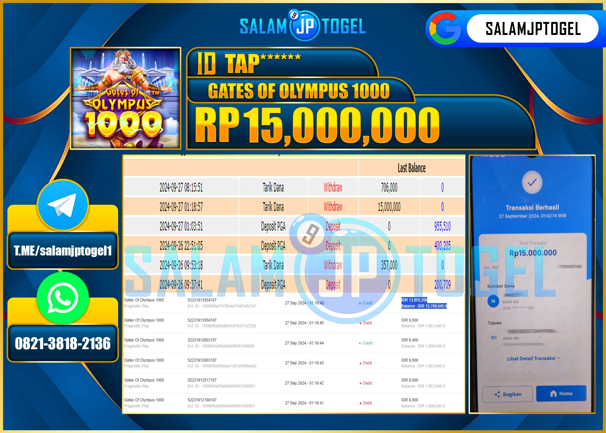 SALAMJPTOGEL MENANG Gates Of Olympus 1000 RP. 15,000,000 LUNAS