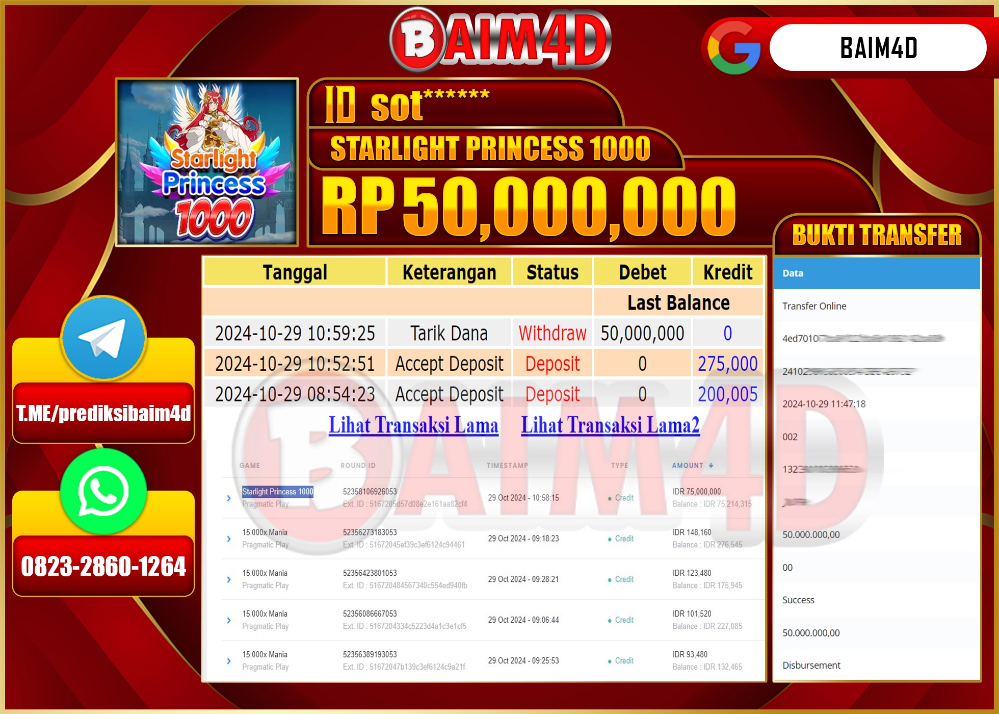 BAIM4D JACKPOT STARLIGHT PRINCESS 1000 Rp.50.000,000.- LUNAS