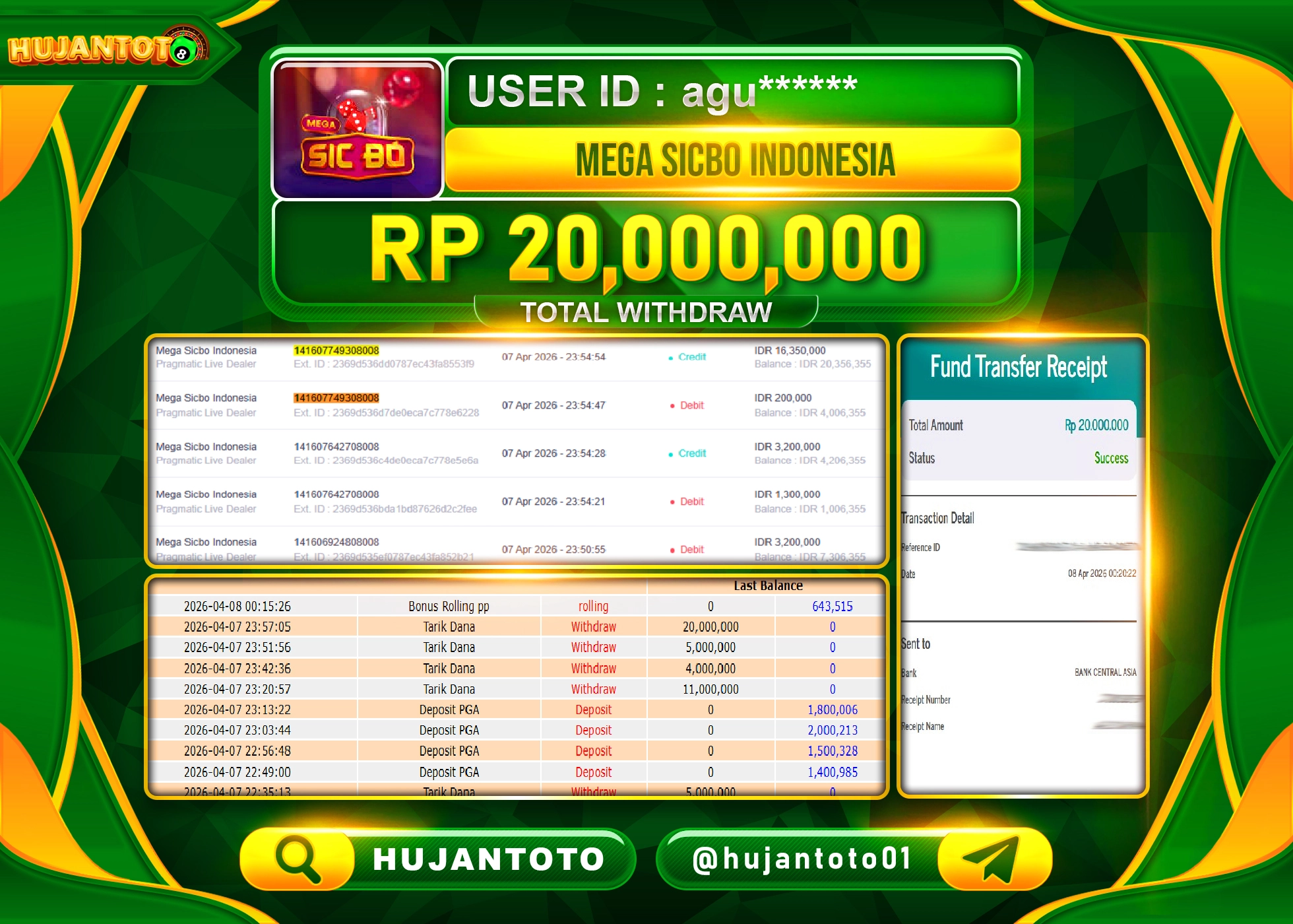 HUJANTOTO - BUKTI JACKPOT MENANG LIVEGAME SICBO INDONESIA Rp.20,000,000 - TERBAYAR LUNAS
