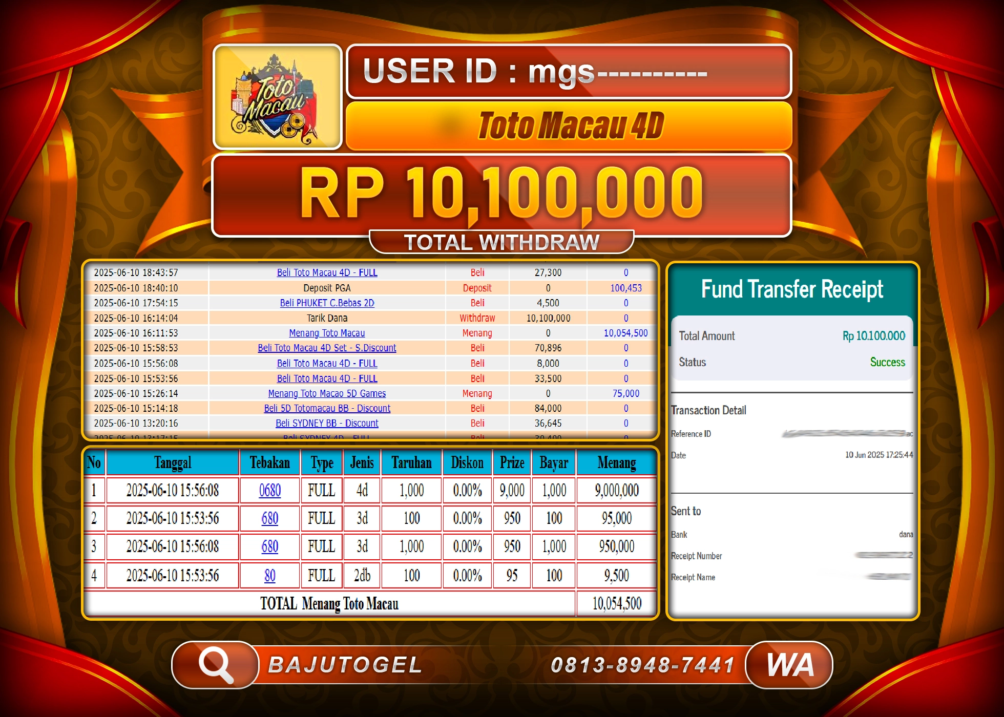 BAJUTOGEL KEMENANGAN DI TOGEL  TOTO MACAU 4D Rp.10.100.000 LUNAS