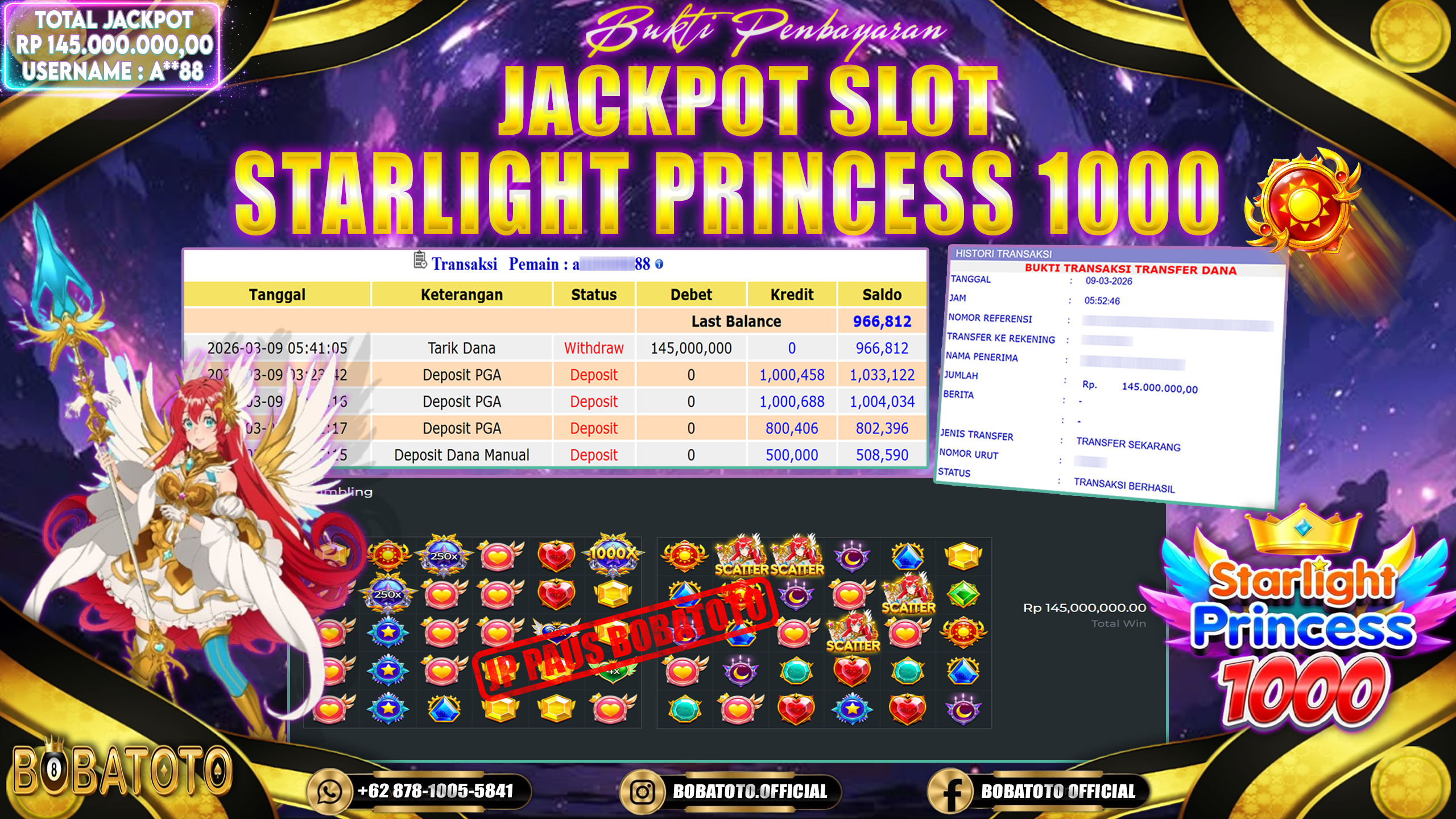 BOBATOTO JACKPOT PRAGMATIC SLOT STARLIGHT PRINCESS 1000 Rp.145,000,000- LUNAS!!