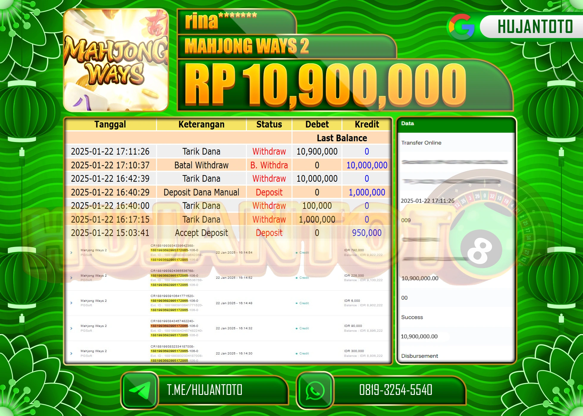 HUJANTOTO - BUKTI JACKPOT DI PERMAINAN SLOT MAHJONG WAYS 2 Rp,10,900,000 - TERBAYAR LUNAS