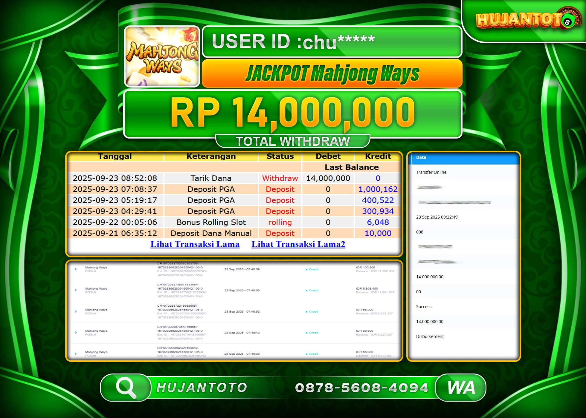 HUJANTOTO - BUKTI JACKPOT MENANG SLOT MAHJONG WAYS Rp.14,000,000 - TERBAYAR LUNAS