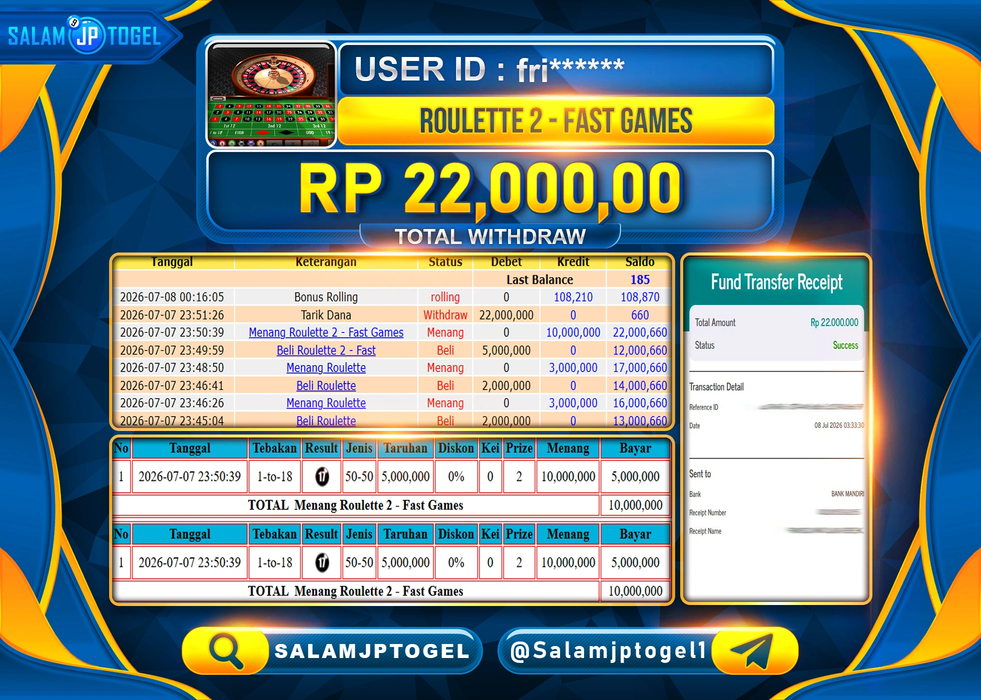 SALAMJPTOGEL JACKPOT MENANG LIVEGAMES ROULETTE 2 - FAST GAMES Rp.22,000,000 - LUNAS