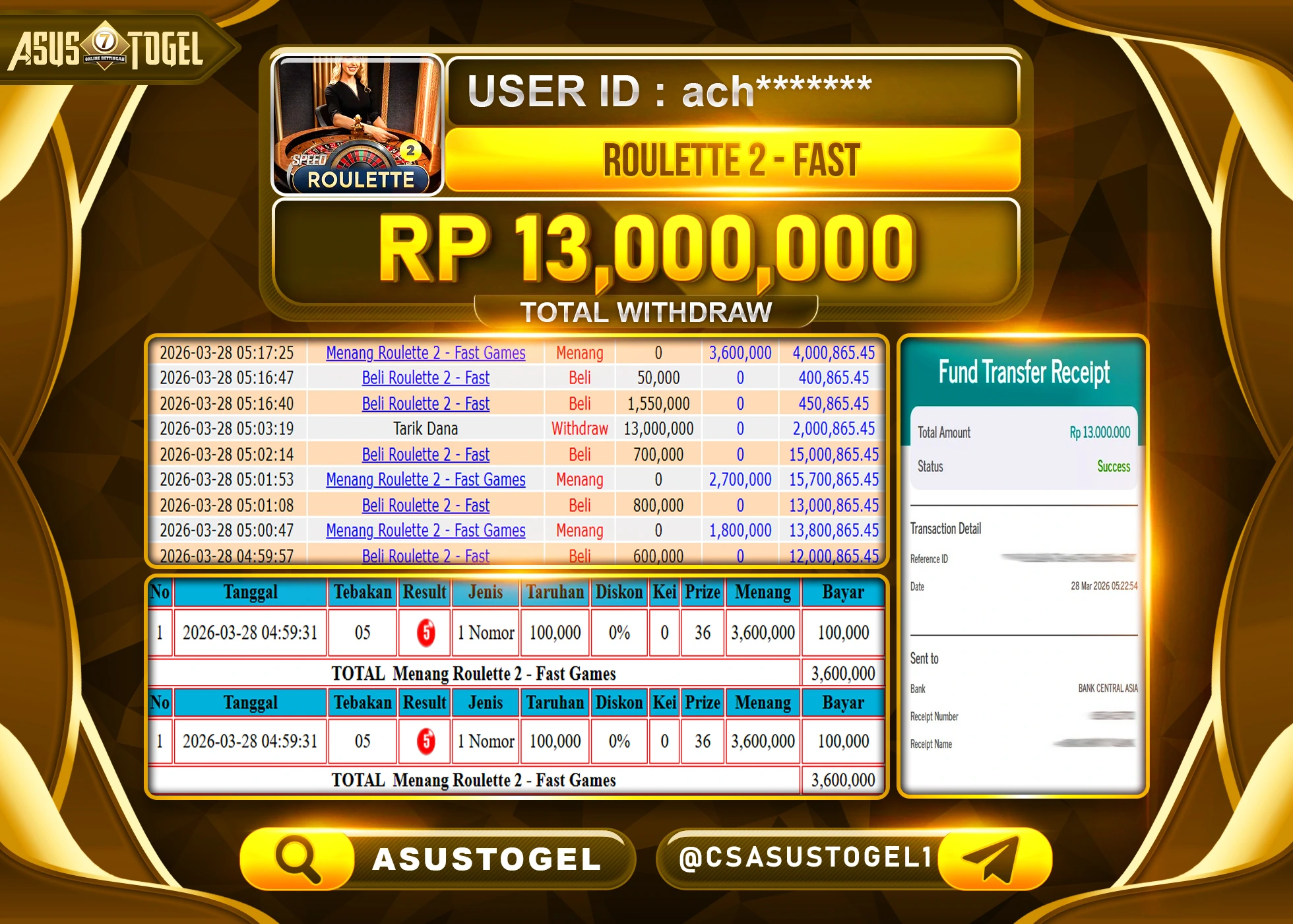 ASUSTOGEL KEMENANGAN JACKPOT DI LIVE GAME ROULETTE 2 - FAST  Rp.13,000,000 - RUPIAH LUNAS