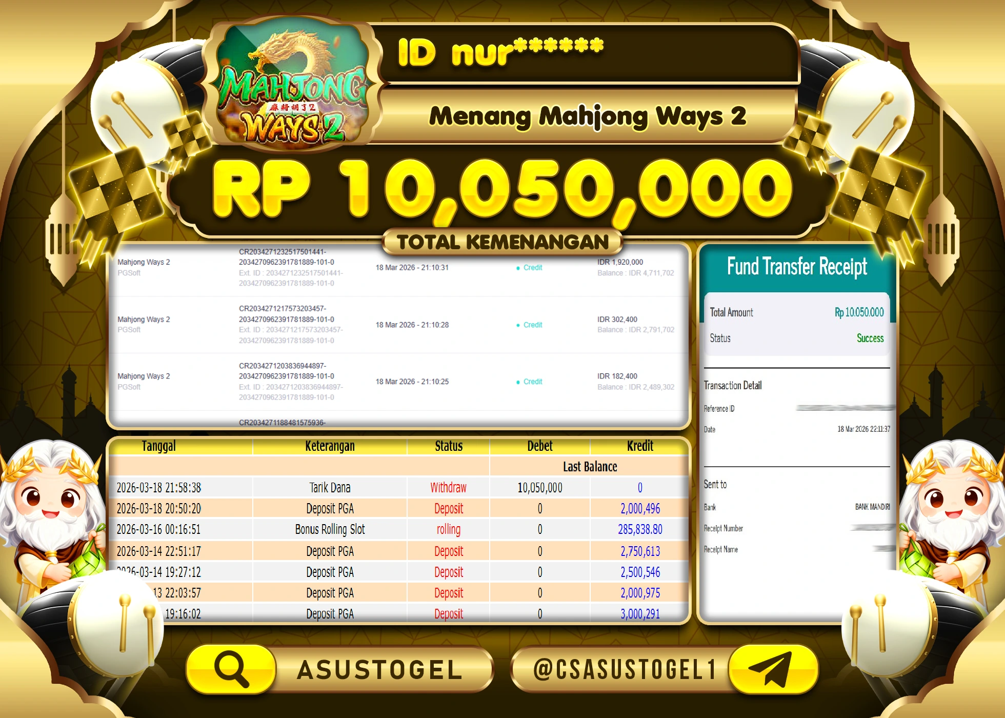 ASUSTOGEL KEMENANGAN DI SLOT MAHJONG WAYS 2  Rp.10,050,000- RUPIAH LUNAS