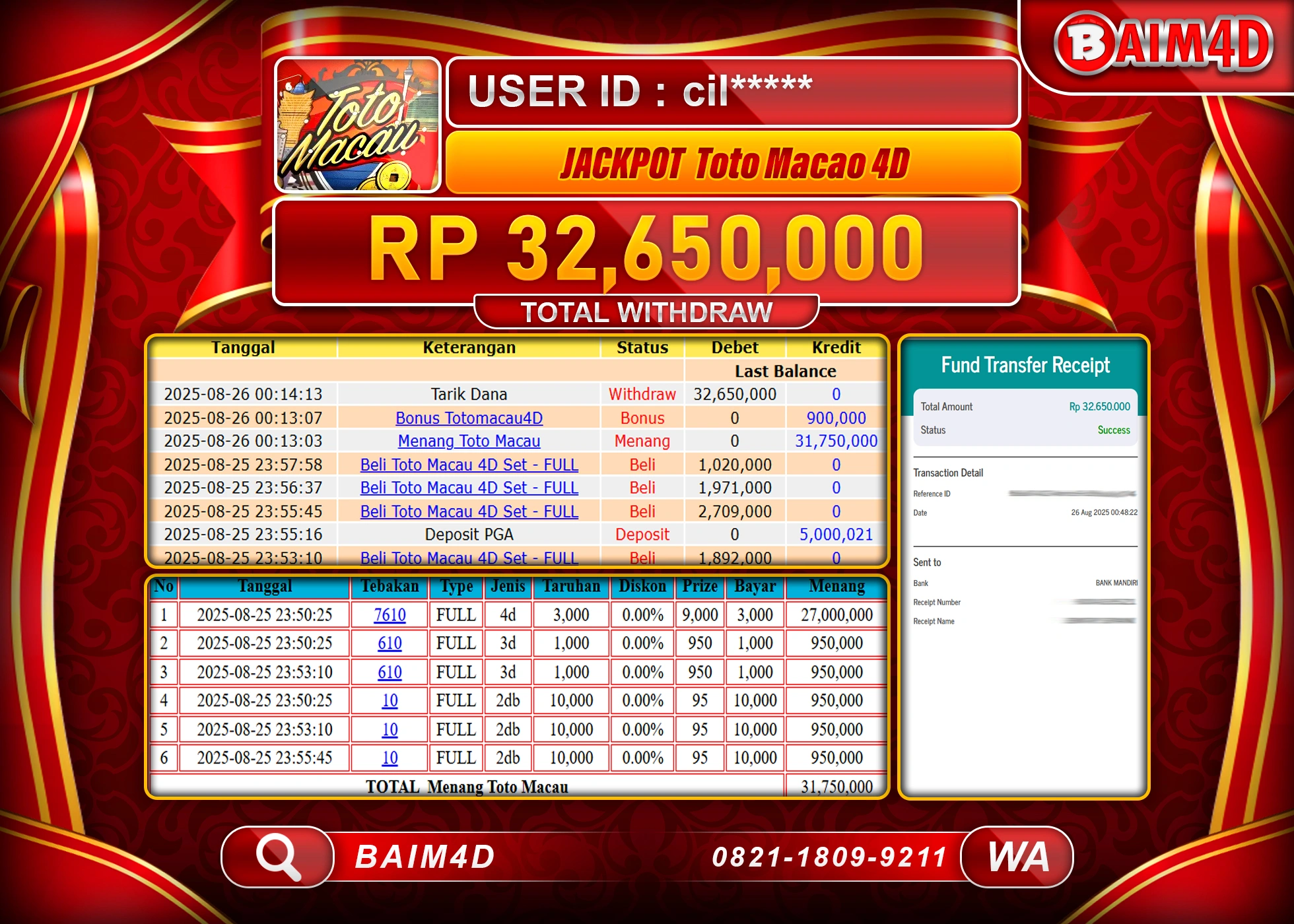 BAIM4D JACKTPOT TOGEL TOTO MACAU 4D Rp.32,650,000.- LUNAS