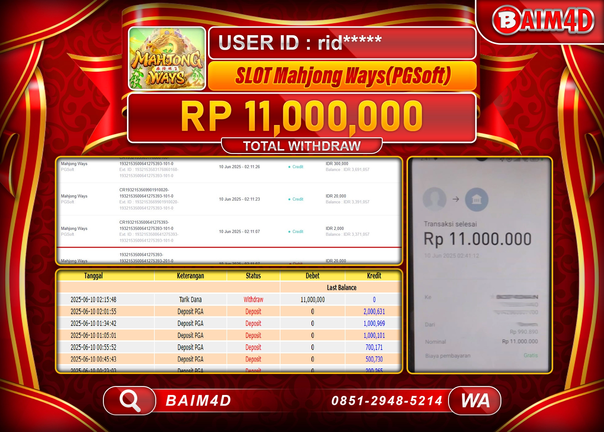 BAIM4D JACKPOT SLOT PG SOFT MAHJONG WAYS   Rp.11.000,000.- LUNAS