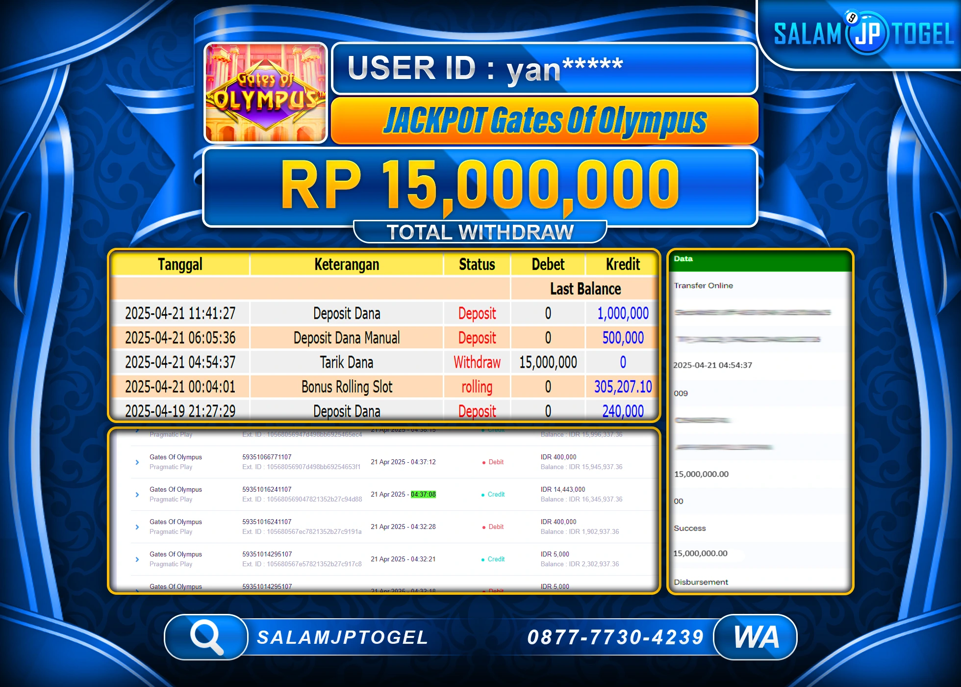 SALAMJPTOGEL MENANG GATES OF OLYMPUS Rp.15,000,000 LUNAS