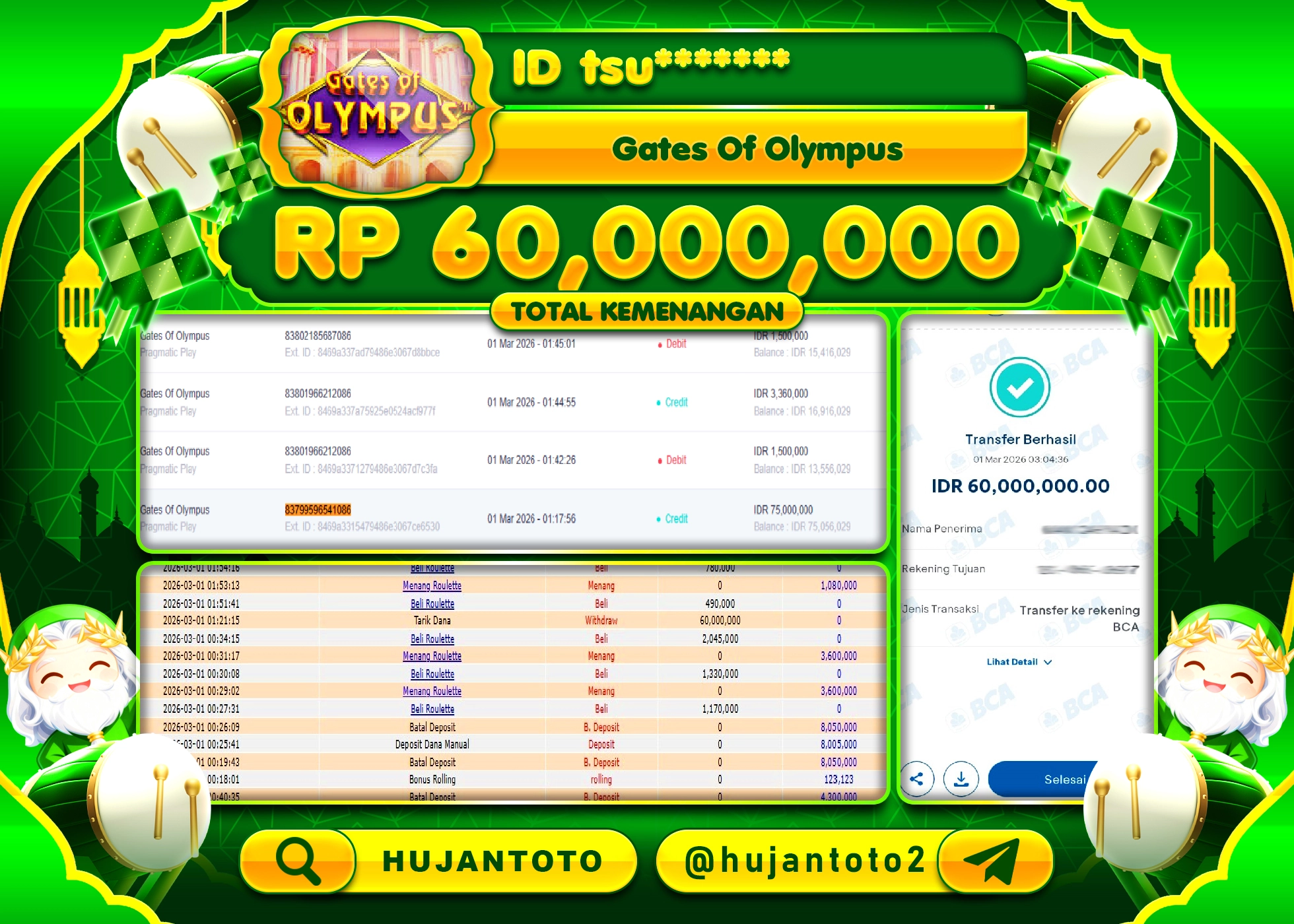 HUJANTOTO - BUKTI JACKPOT MENANG SLOT GATES  OF OLYMPUS  Rp.60,000,000 - TERBAYAR LUNAS