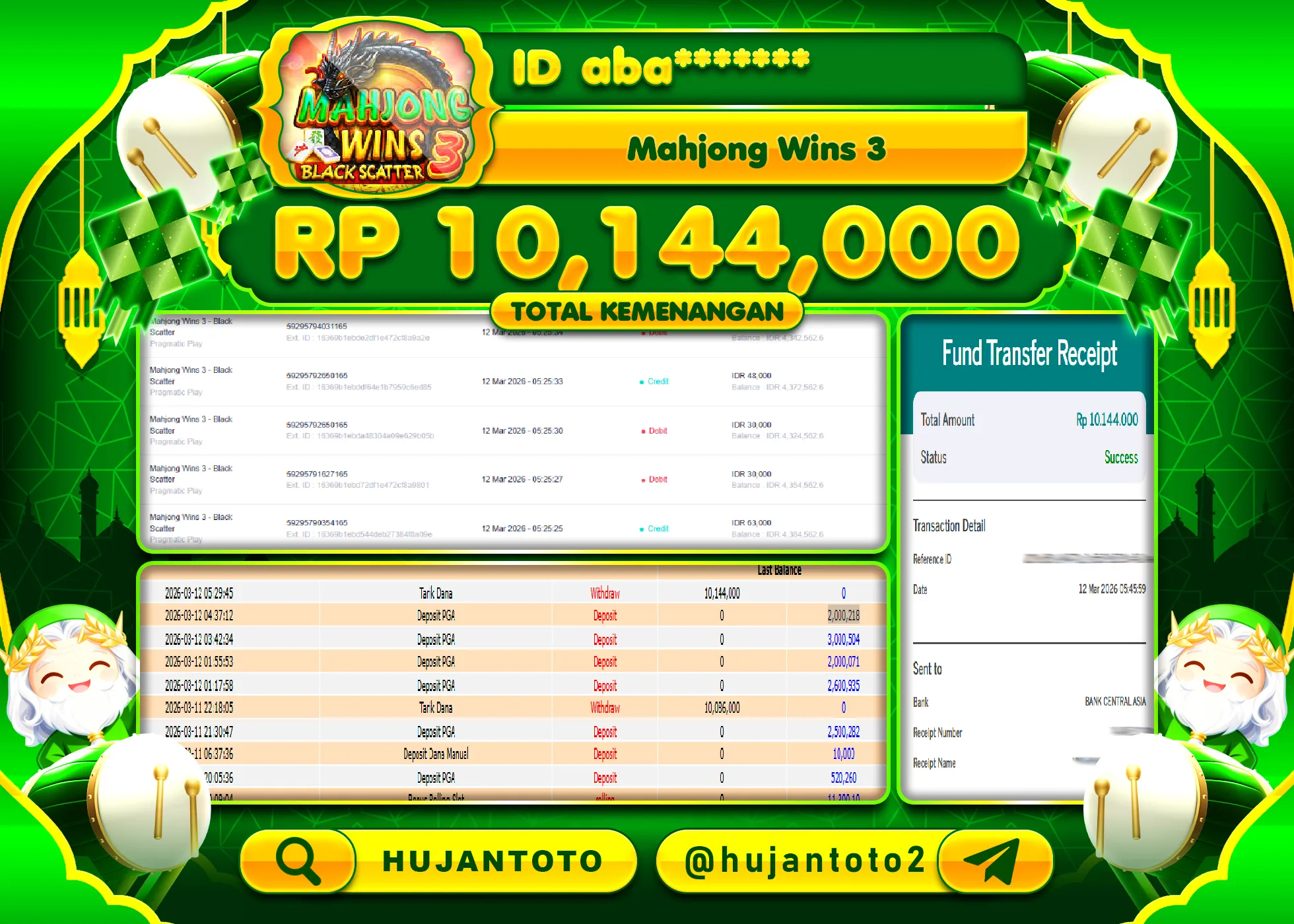 HUJANTOTO - BUKTI JACKPOT MENANG SLOT MAHJONG WINS 3 Rp.10,144,000 - TERBAYAR LUNAS