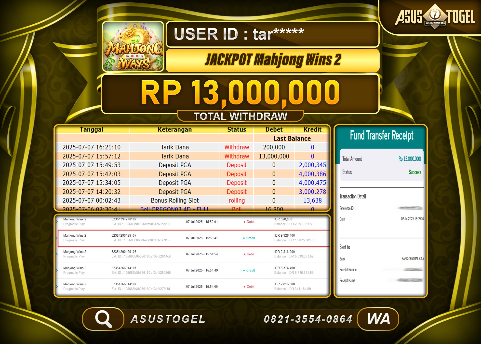 ASUSTOGEL KEMENANGAN DI SLOT MAHJONG WINS 2 SCATTER SEBESAR 13,000,000- RUPIAH LUNAS