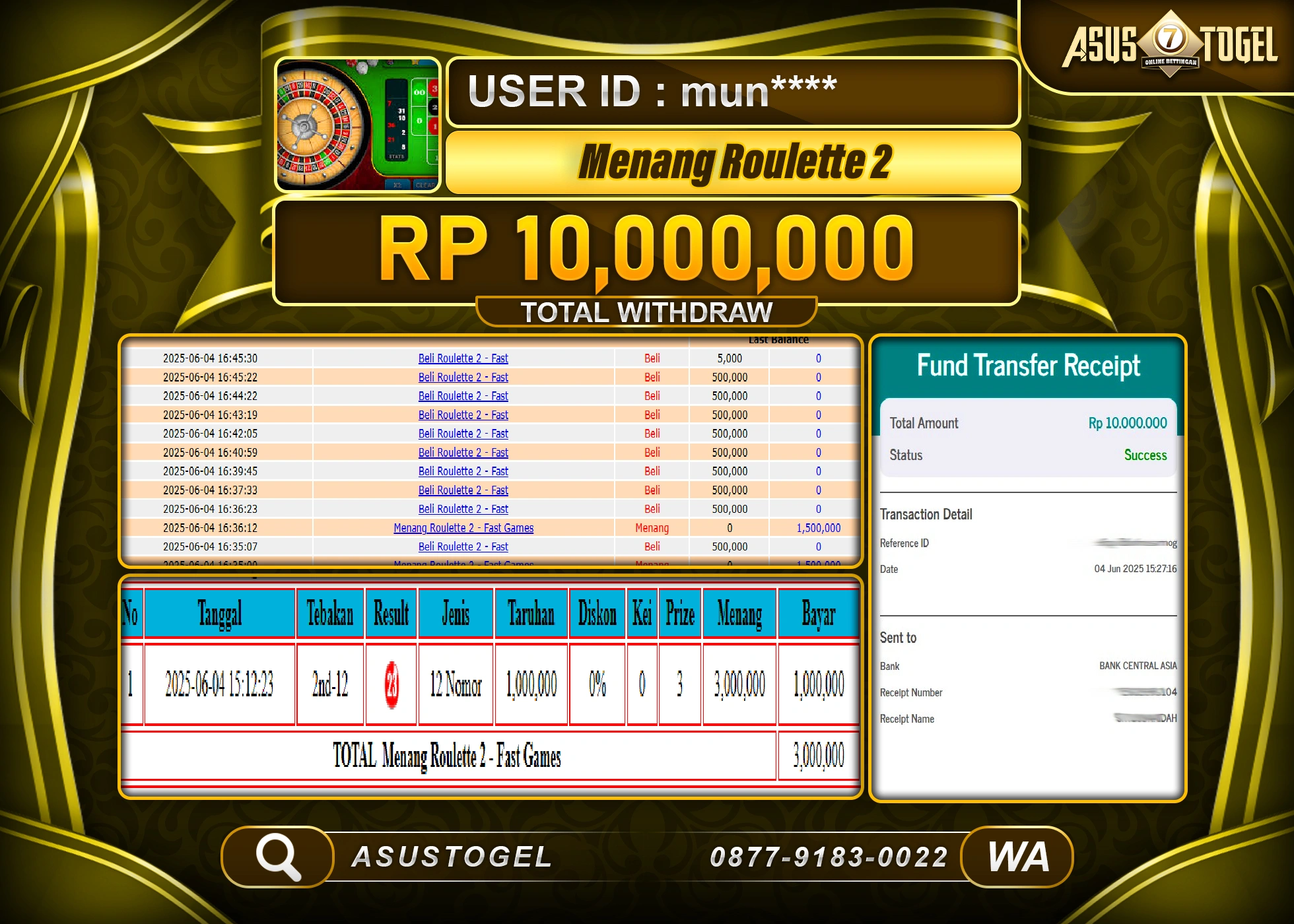   ASUSTOGEL KEMENANGAN DI ROULETTE 2 GAMES  SEBESAR 10,000,000- RUPIAH LUNAS