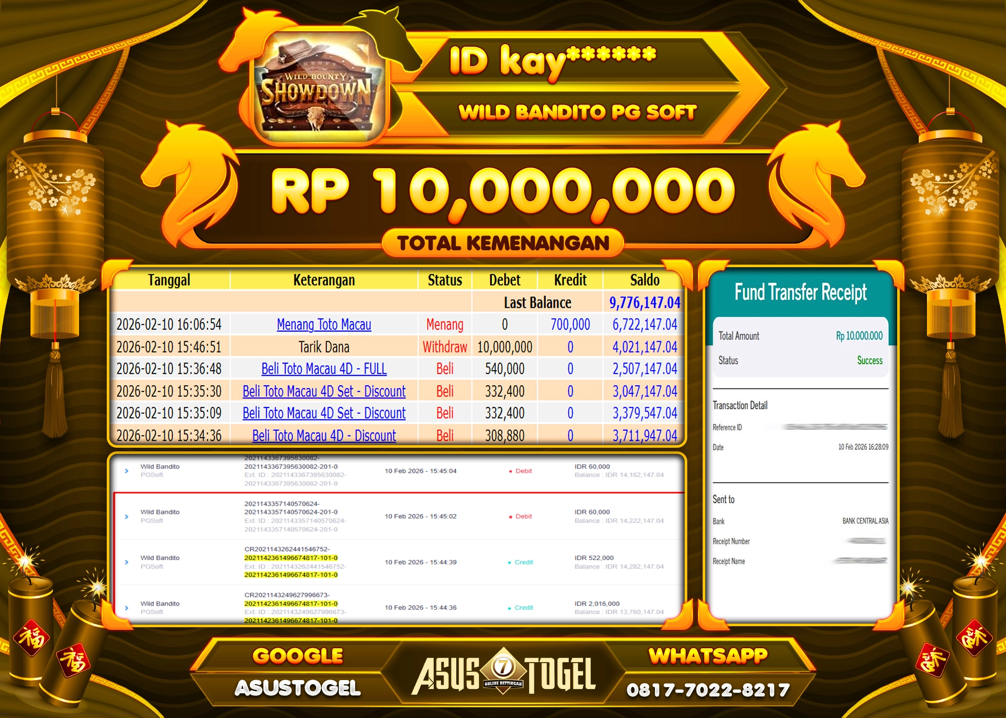 ASUSTOGEL KEMENANGAN DI PERMAINAN SLOT BANDITO SEBESAR 10,000,000 - RUPIAH LUNAS
