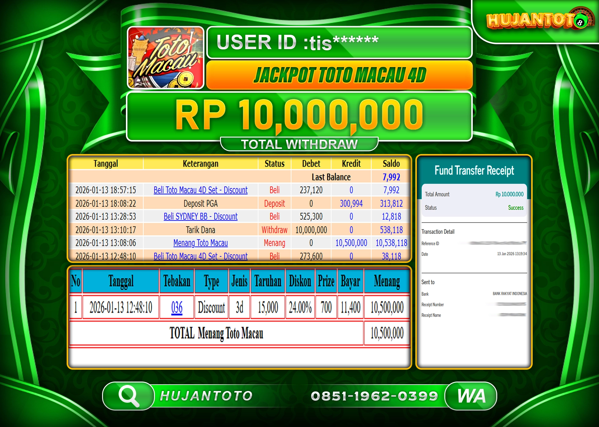 HUJANTOTO - BUKTI JACKPOT MENANG TOGEL TOTO MACAU 4D Rp.10,000,000 - TERBAYAR LUNAS