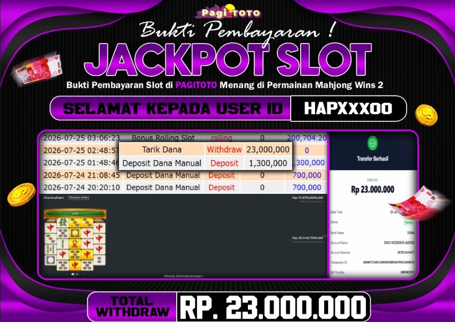 HAPPY JACKPOT MEMBER PAGITOTO SLOTMAHJONG WINS 2  Rp 23.000.000-, - LUNAS