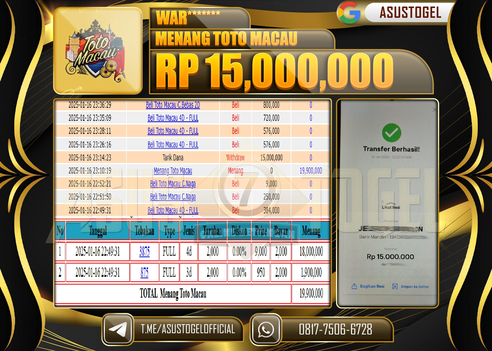 ASUSTOGEL KEMENANGAN DI TOGEL TOTO MACAU 4D SEBESAR 15.000.000 - RUPIAH LUNAS