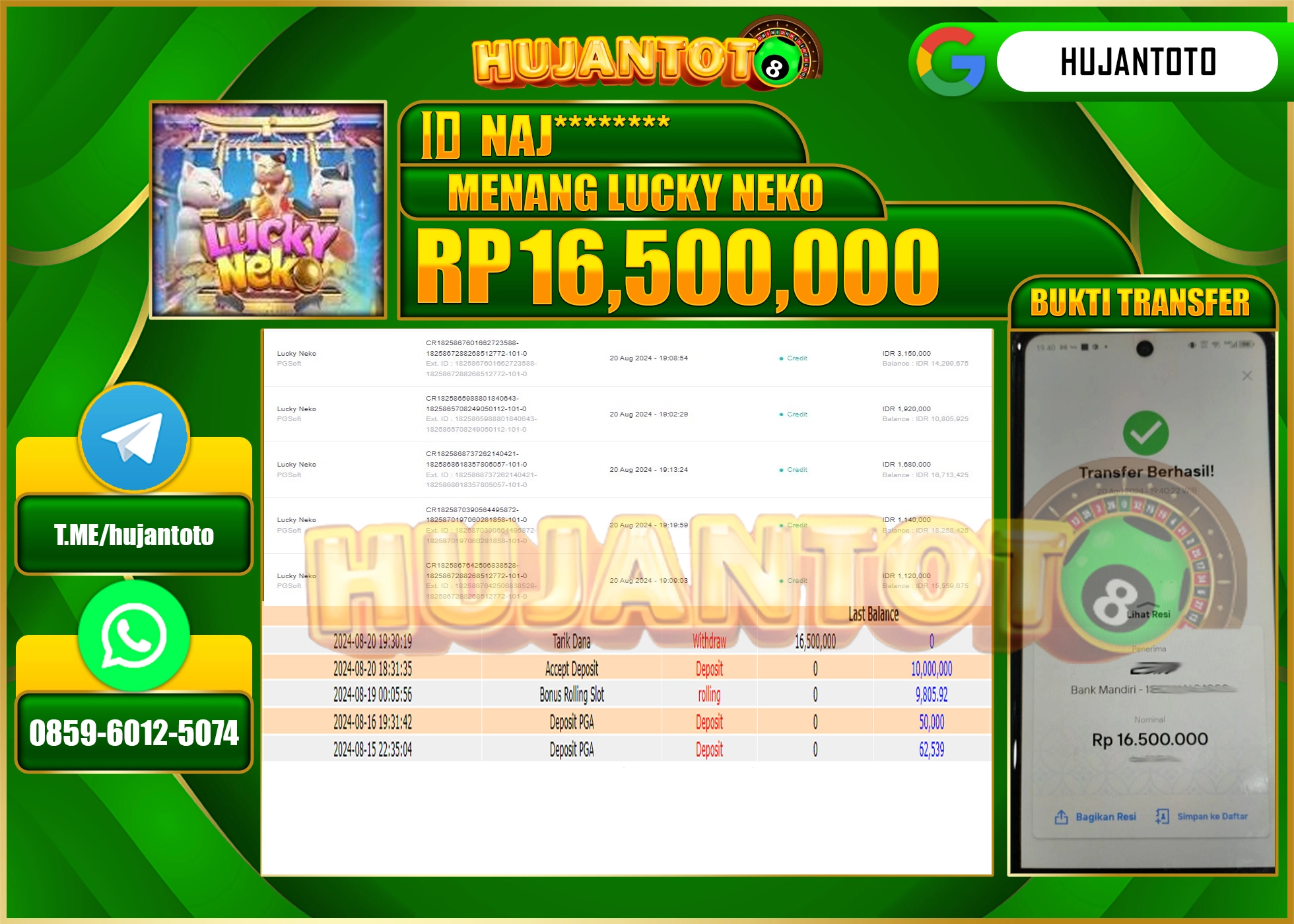 HUJANTOTO MENANG BESAR DI PERMAINAN LUCKY NEKO ( PG SOFT ) 16.500.000 - LUNAS 