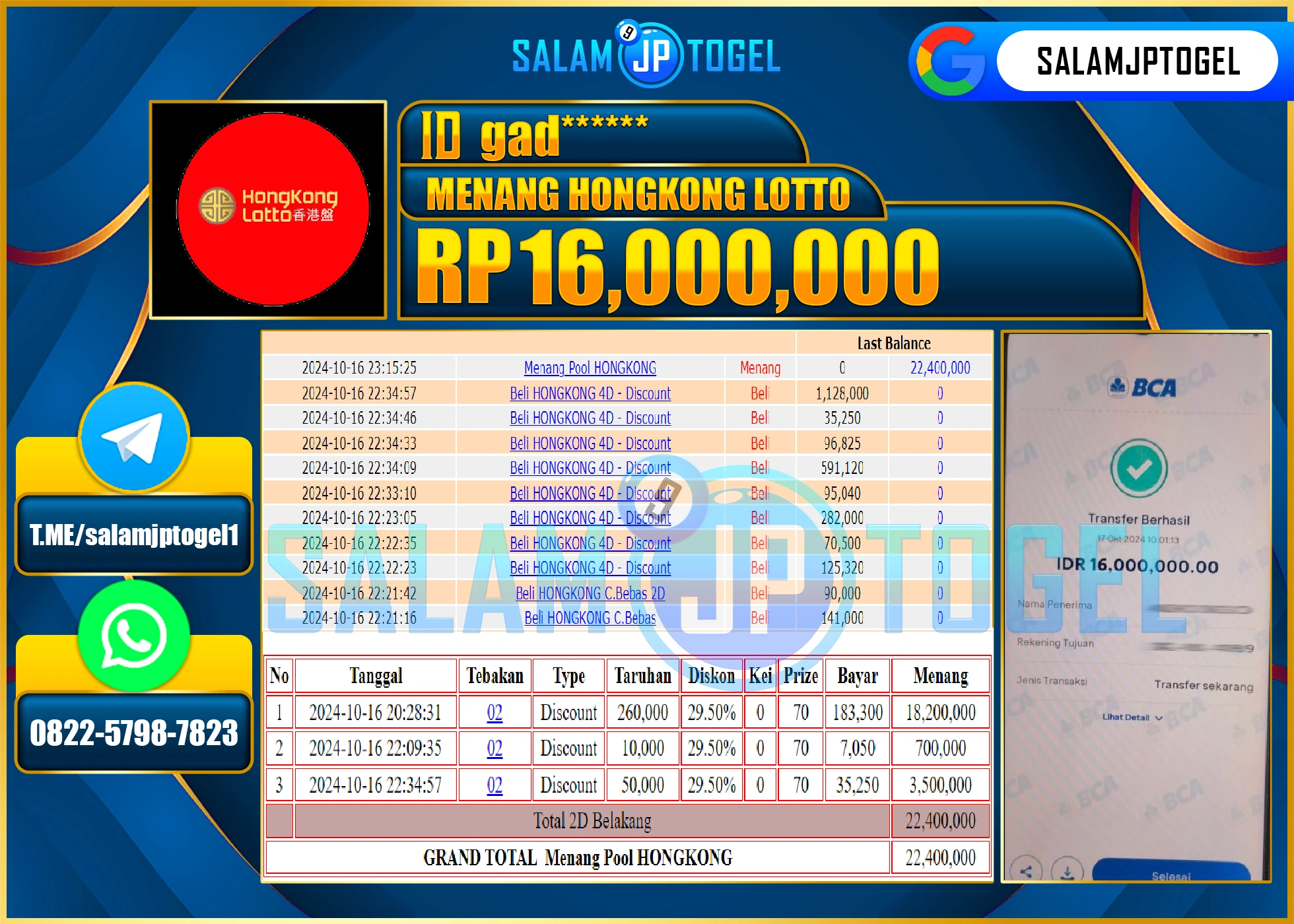 SALAMJPTOGEL MENANG HONGKONG LOTTO RP. 16,000,000 LUNAS