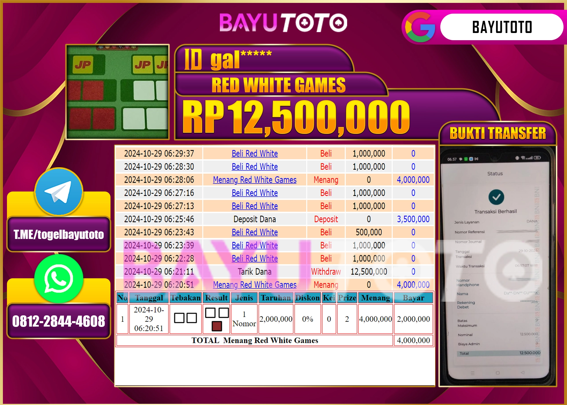 BAYUTOTO MENANG CASINO IDN LIVE RED WHITE GAMES 12.500.000 - LUNAS
