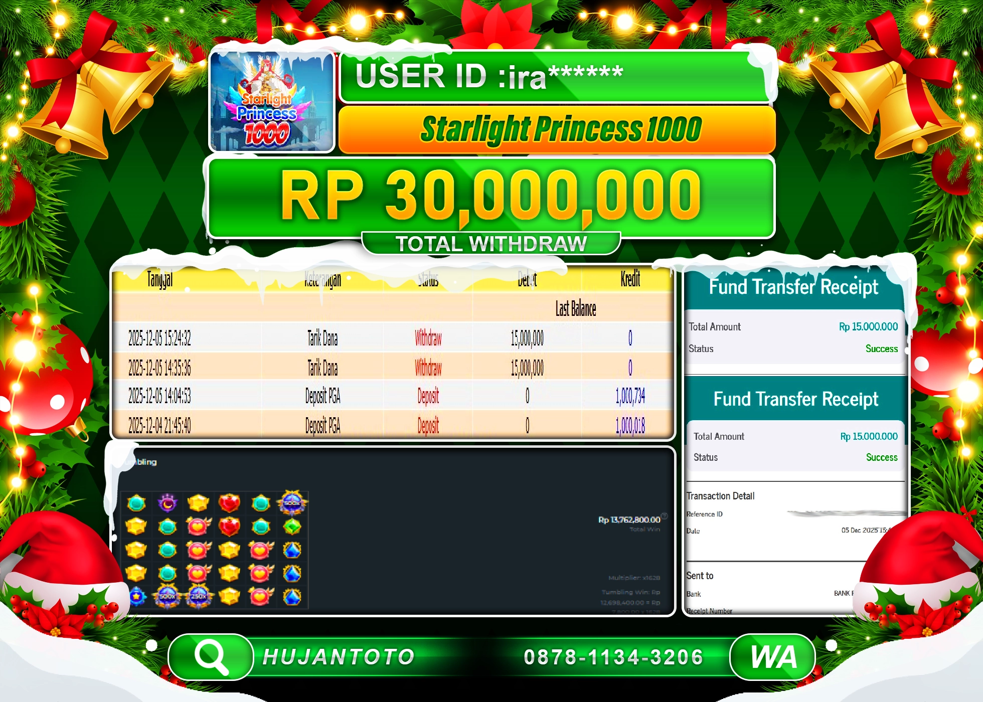 HUJANTOTO - BUKTI JACKPOT MENANG SLOT STARLIGHT PRINCESS 1000 Rp.30,000,000 - TERBAYAR LUNAS